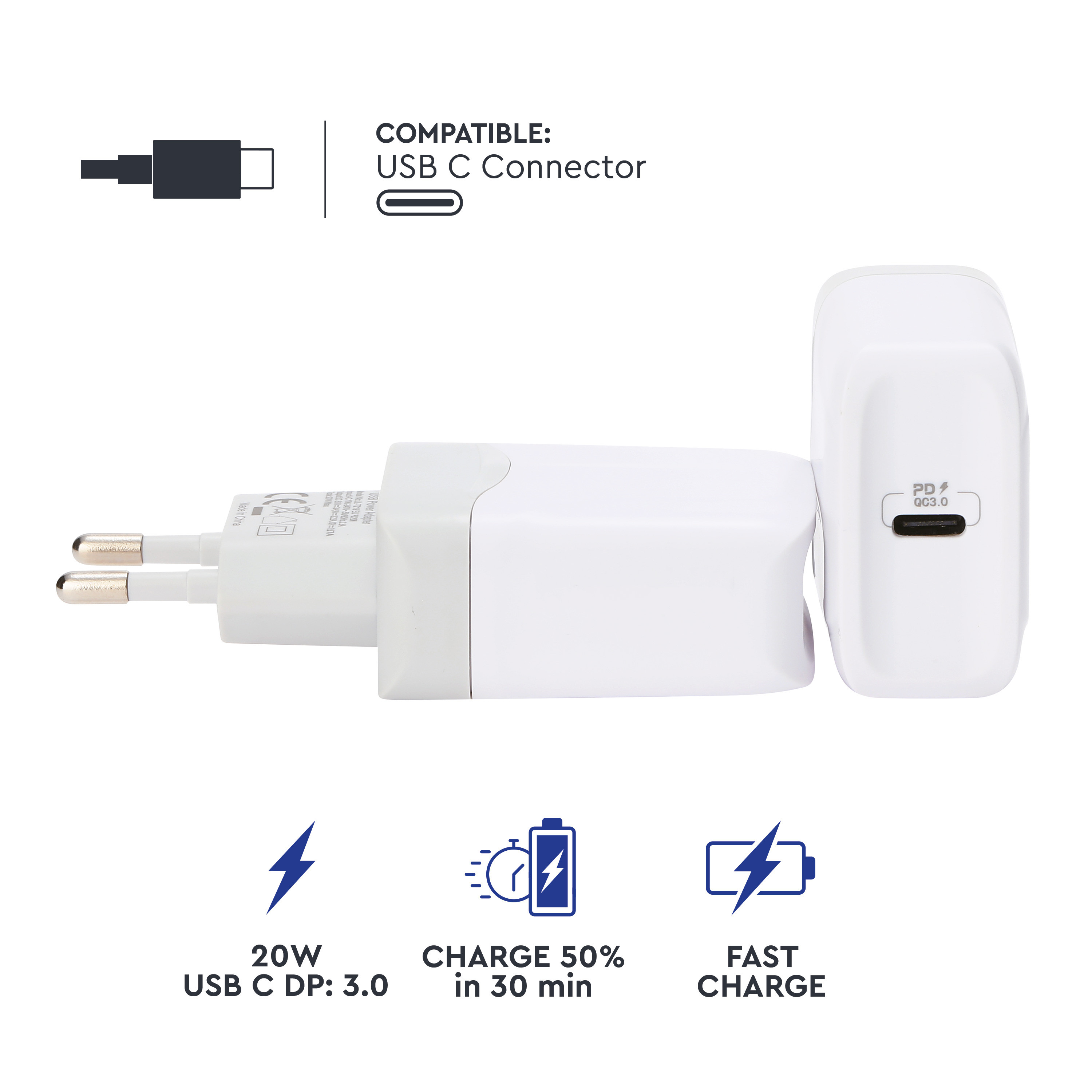 Cargador blanco con USB-C, admite 20W, carga 50% en 30 min, carga rápida.