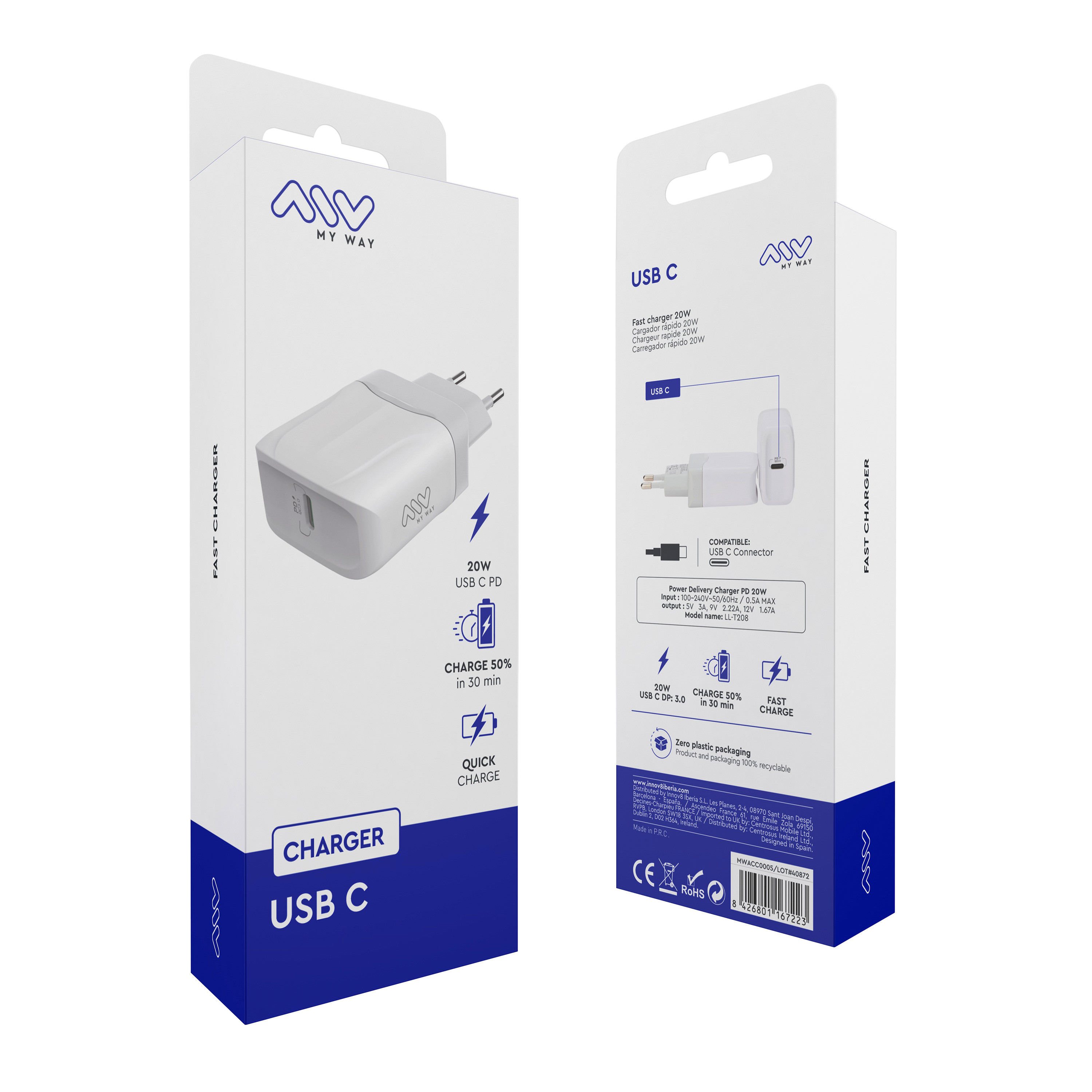 Caja blanca y azul de un cargador USB-C con una imagen del cargador.