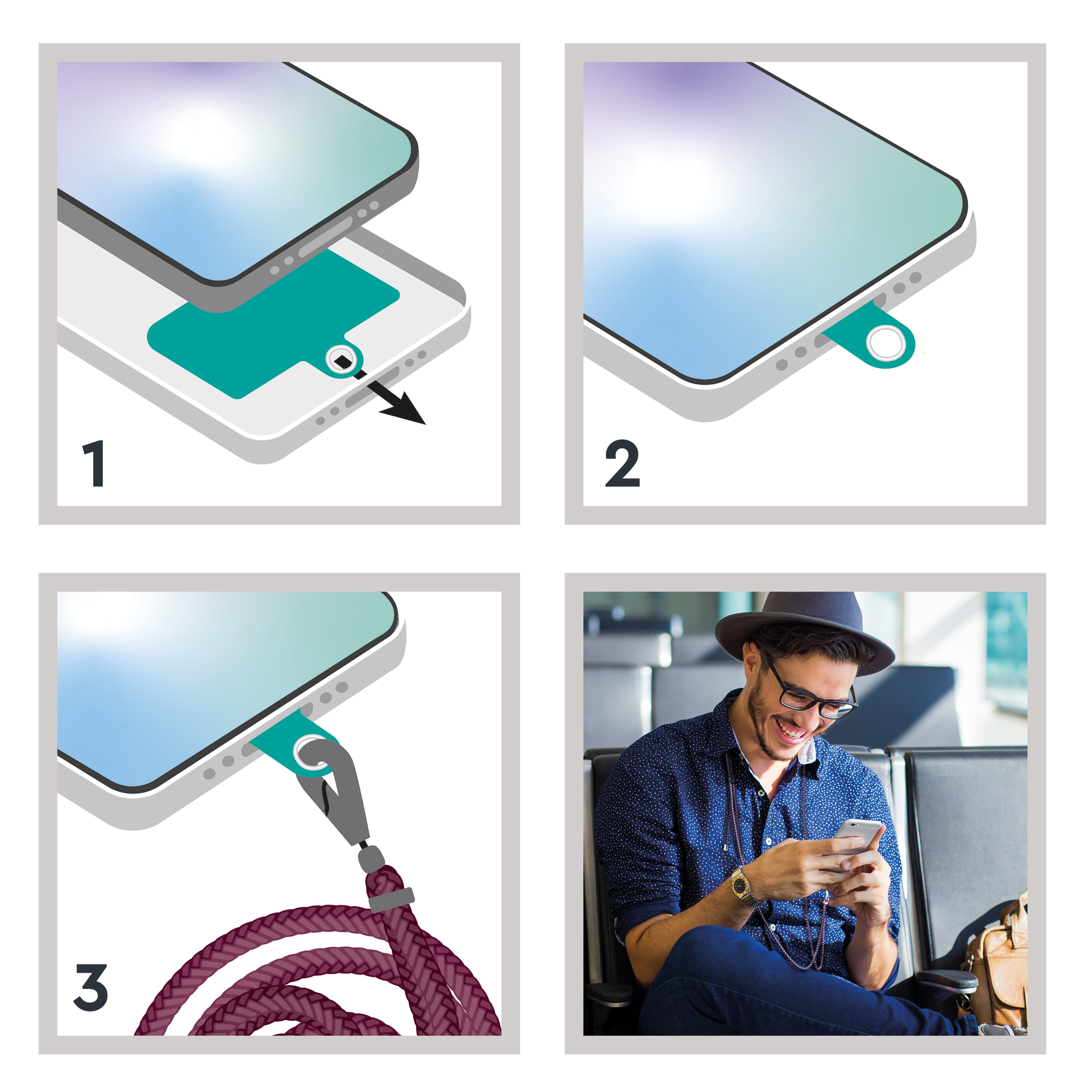 Cuatro imágenes que muestran cómo instalar un cordón para teléfono.