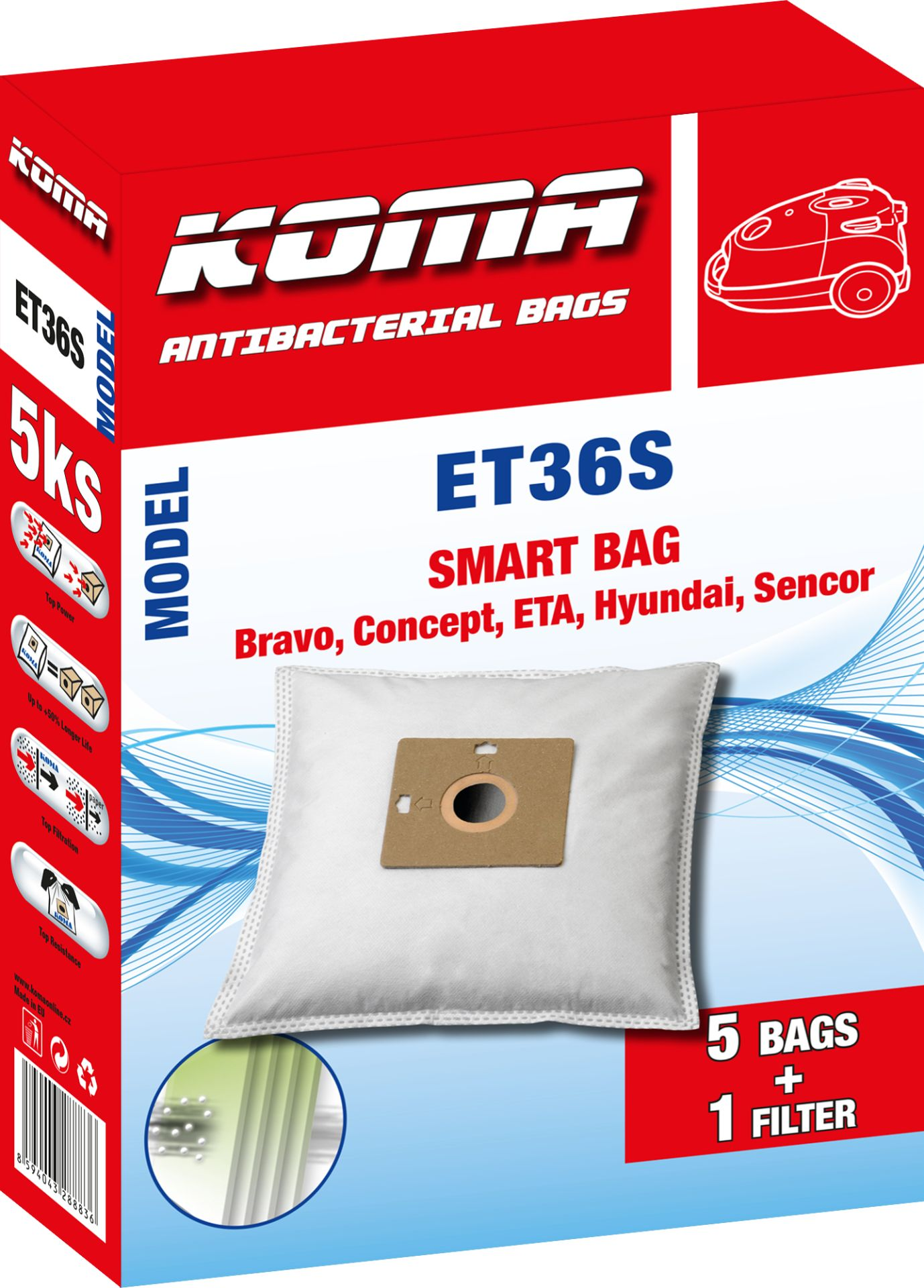 Eine rot-weiße KOMA Staubsaugerbeutelverpackung. Der Beutel ist weiß mit brauner Mitte.