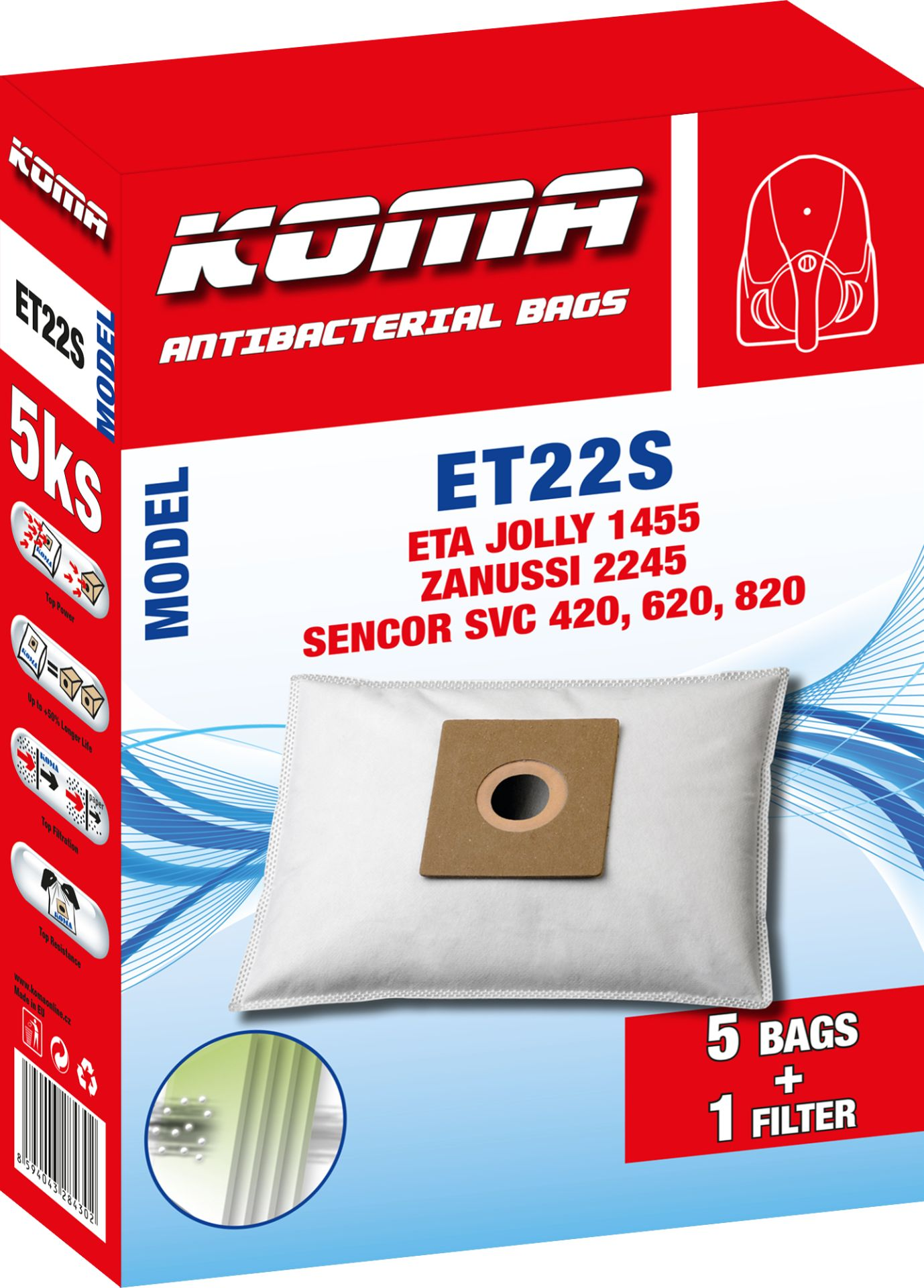 Staubsaugerbeutelverpackung mit Text und einer Staubsaugerillustration.