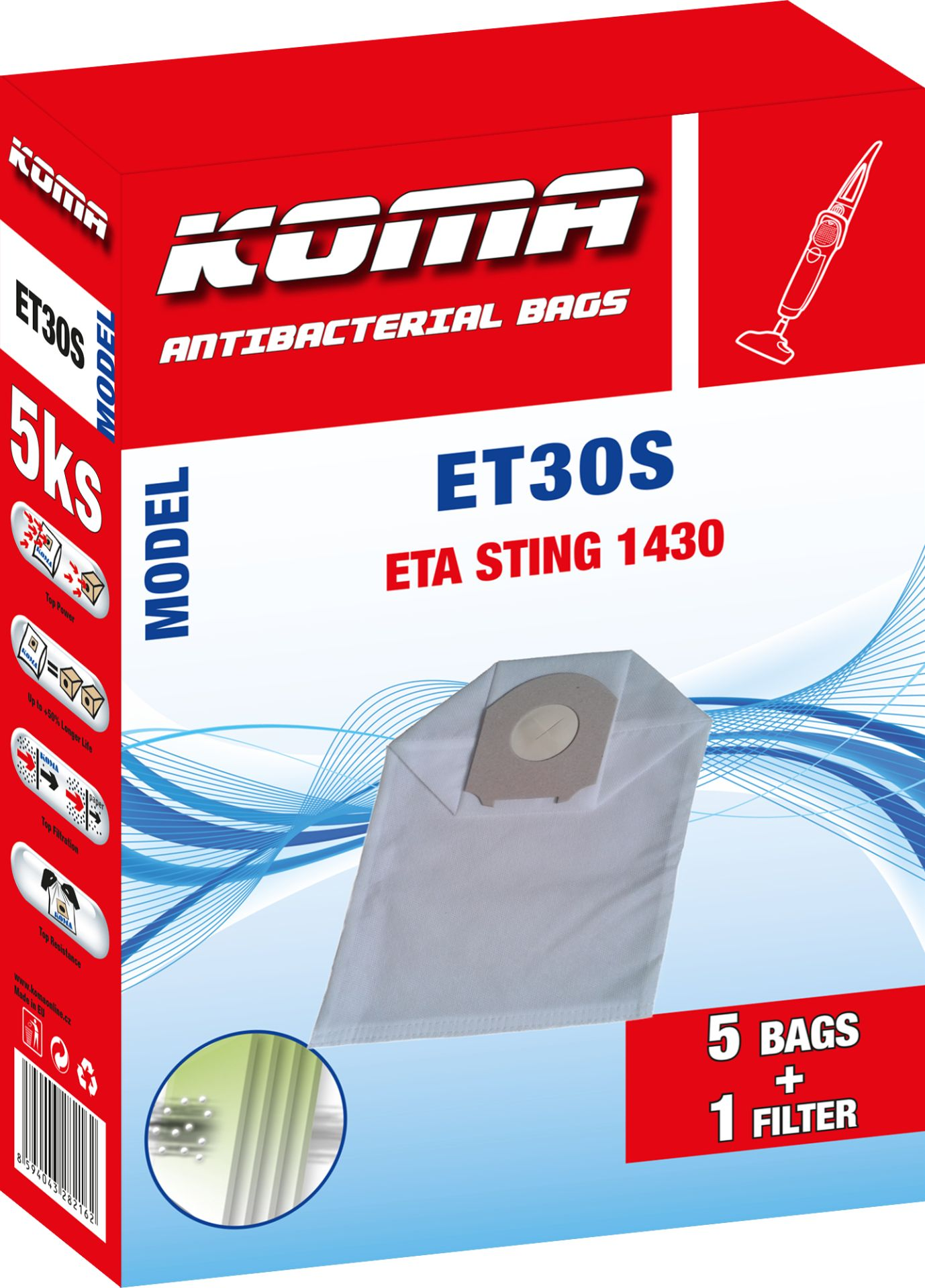 Karton mit ET30S Staubsaugerbeuteln mit Produktinformationen.