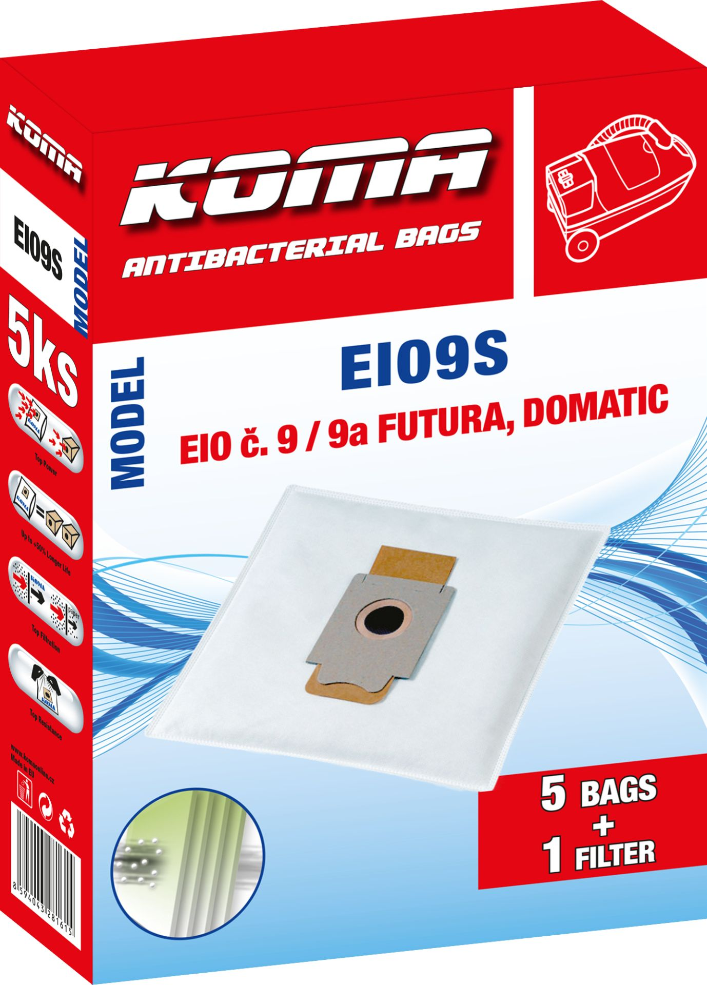 Rote und weiße Box mit dem Text "EI09S", "Antibakterielle Beutel" und einem Bild eines Staubsaugers. Die Box hat auch Bilder.