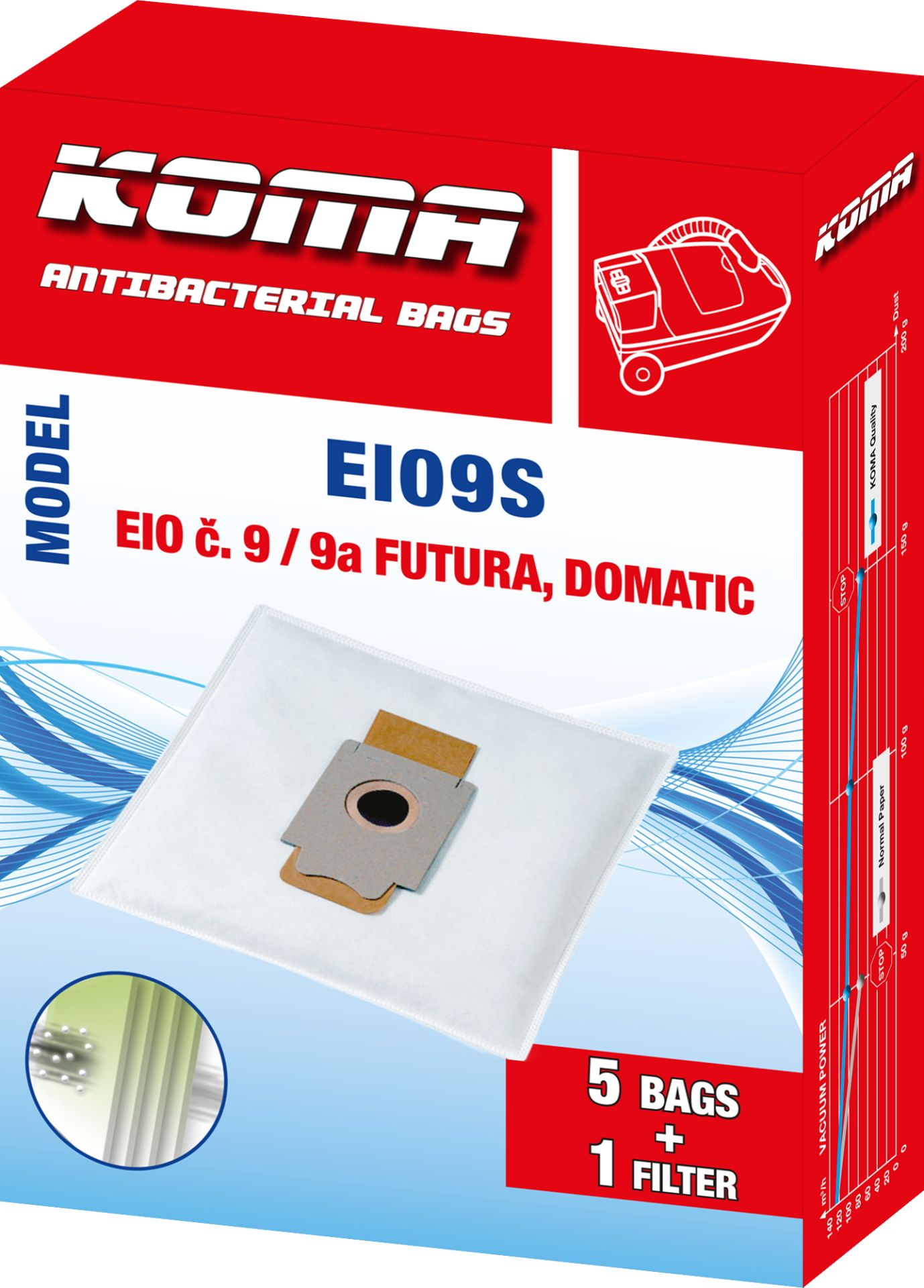 Karton mit Koma antibakteriellen Staubsaugerbeuteln, mit Produktinformationen und einem Diagramm.