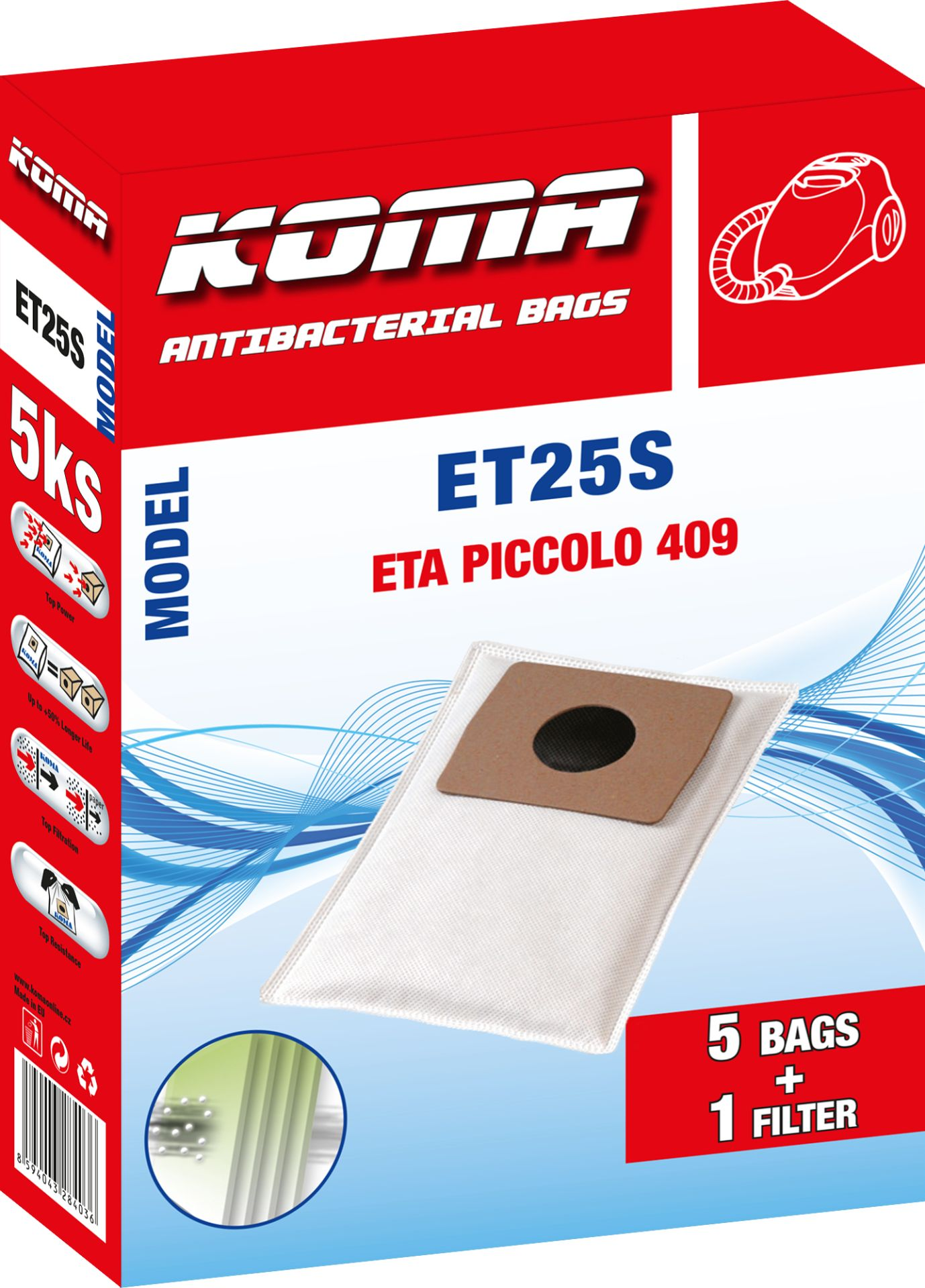 Verpackung für Staubsaugerbeutel. Rote und weiße Schachtel mit Text. Der Beutel ist weiß mit einem braunen Kartonteil.