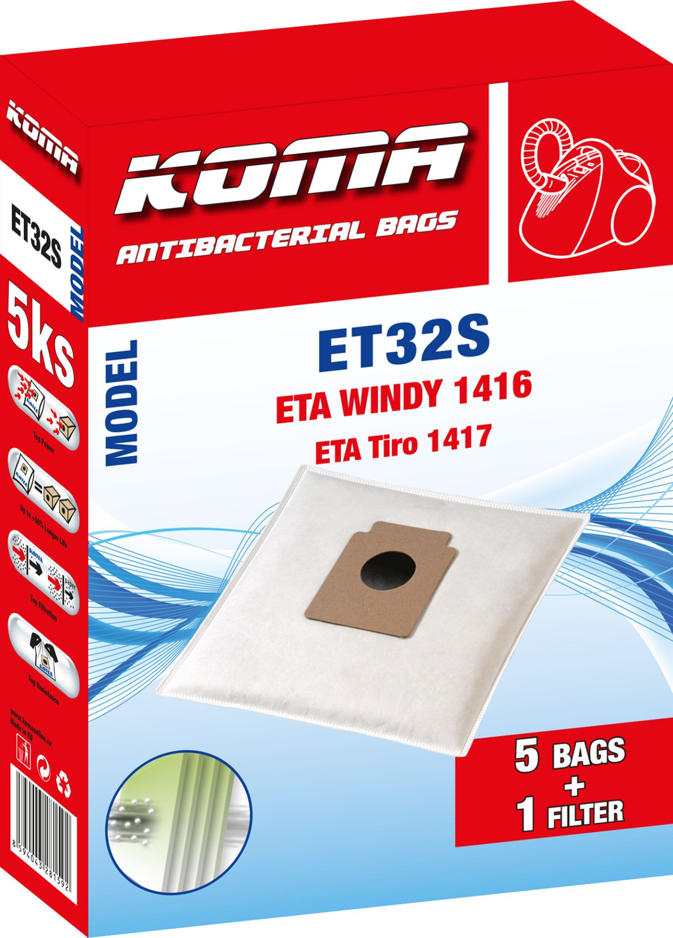 Staubsaugerbeutelbox, rot und weiß. Text lautet 'KOMA', 'ET32S' und 'Antibakterielle Beutel'. Ein Beutel wird gezeigt.