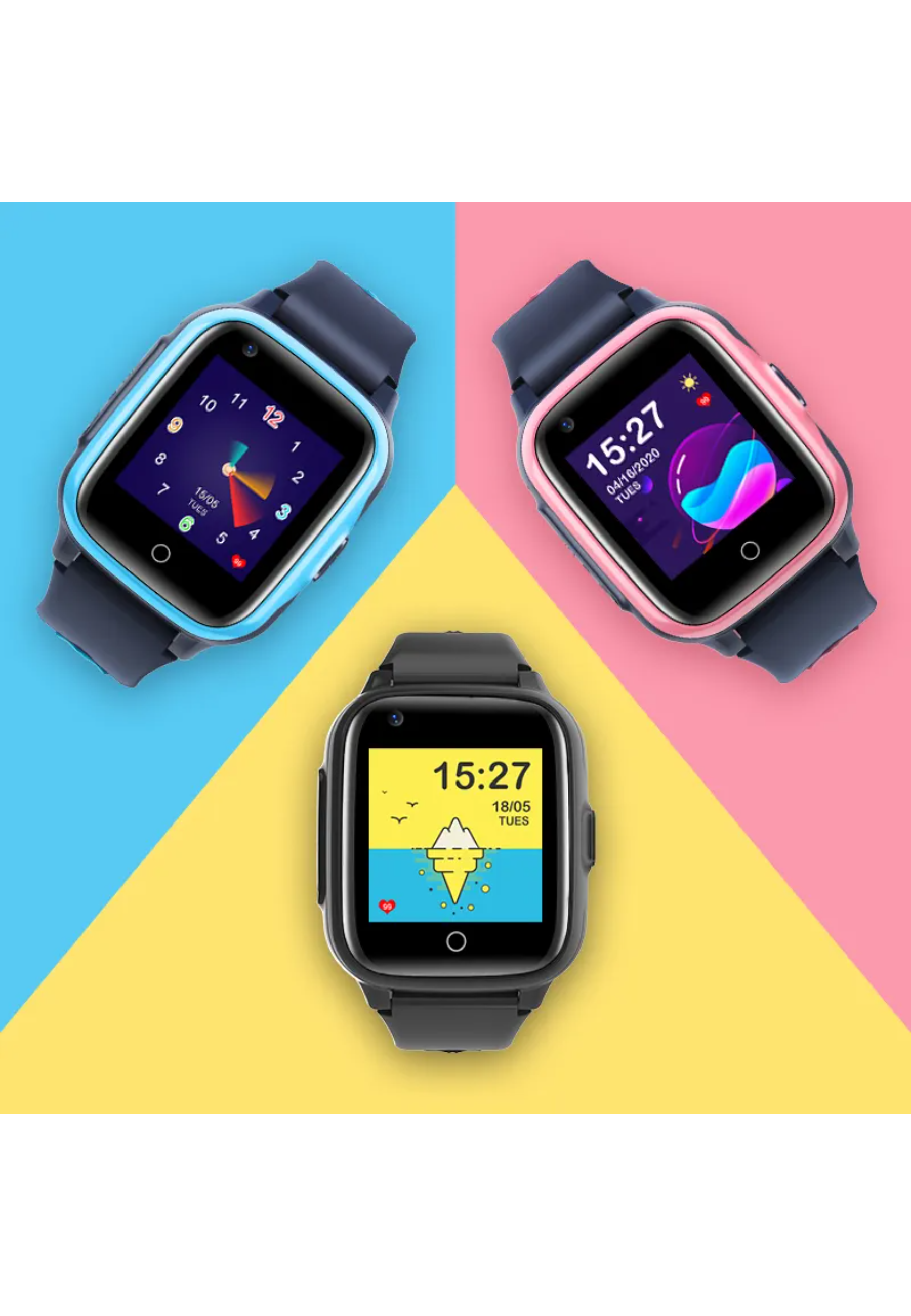 Drei Smartwatches auf farbenfrohem Hintergrund. Jede Uhr zeigt die Zeit und weitere Informationen an. Die Armbänder sind dunkelblau.