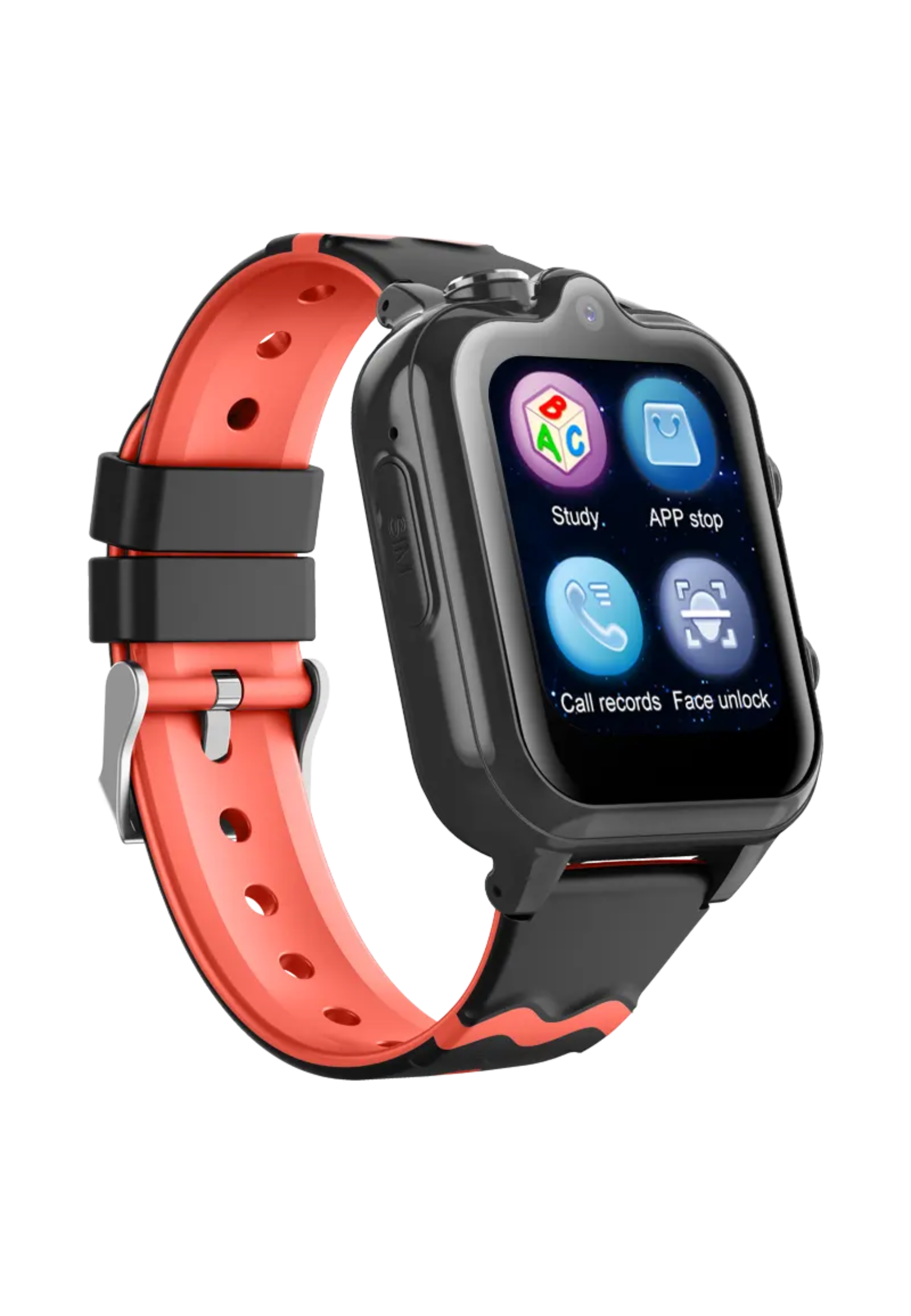 Eine schwarz-orange Smartwatch, die verschiedene Anwendungssymbole auf dem Bildschirm anzeigt.