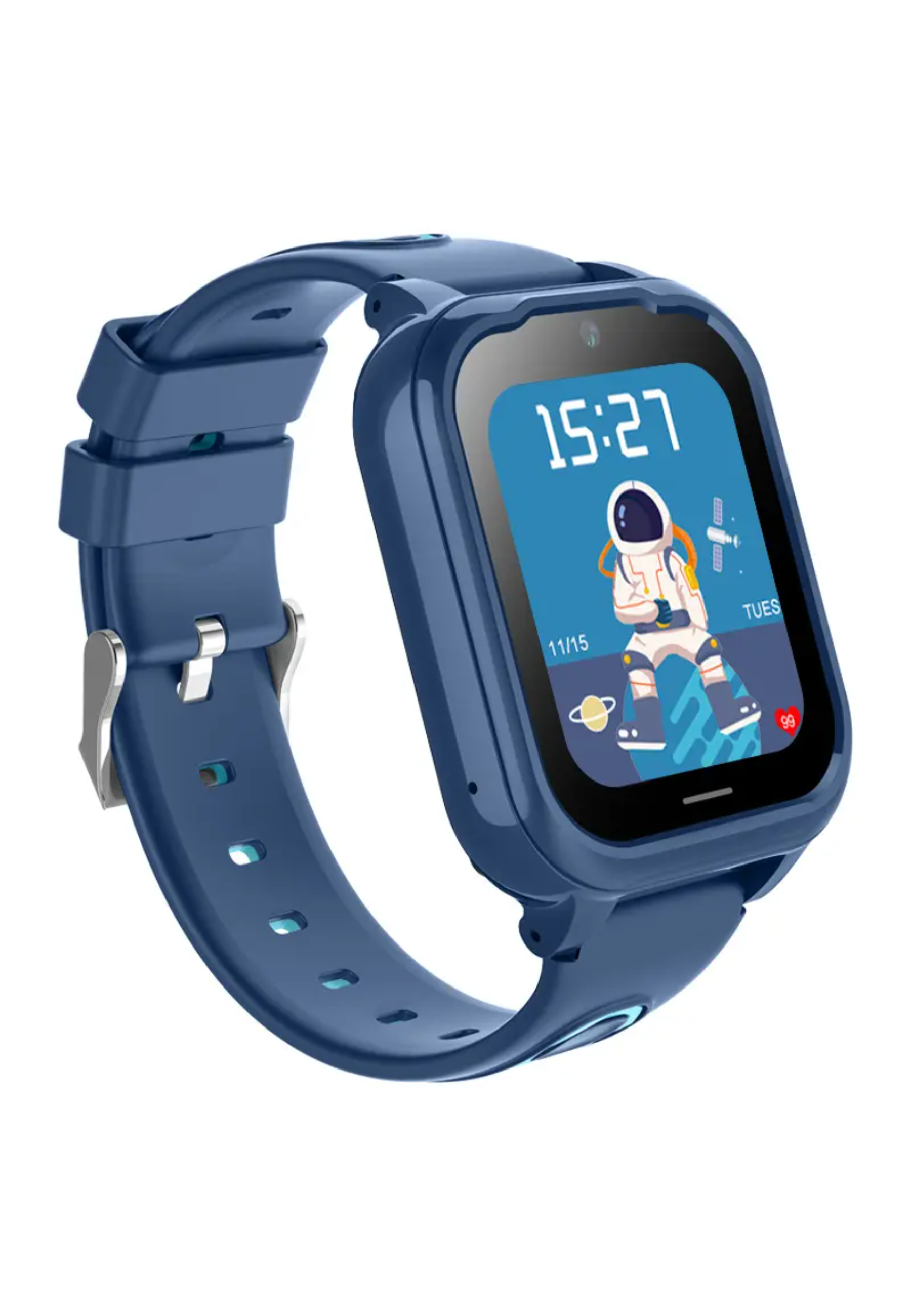 Blaue Smartwatch mit Bildschirm, der eine Astronauten-Illustration zeigt.