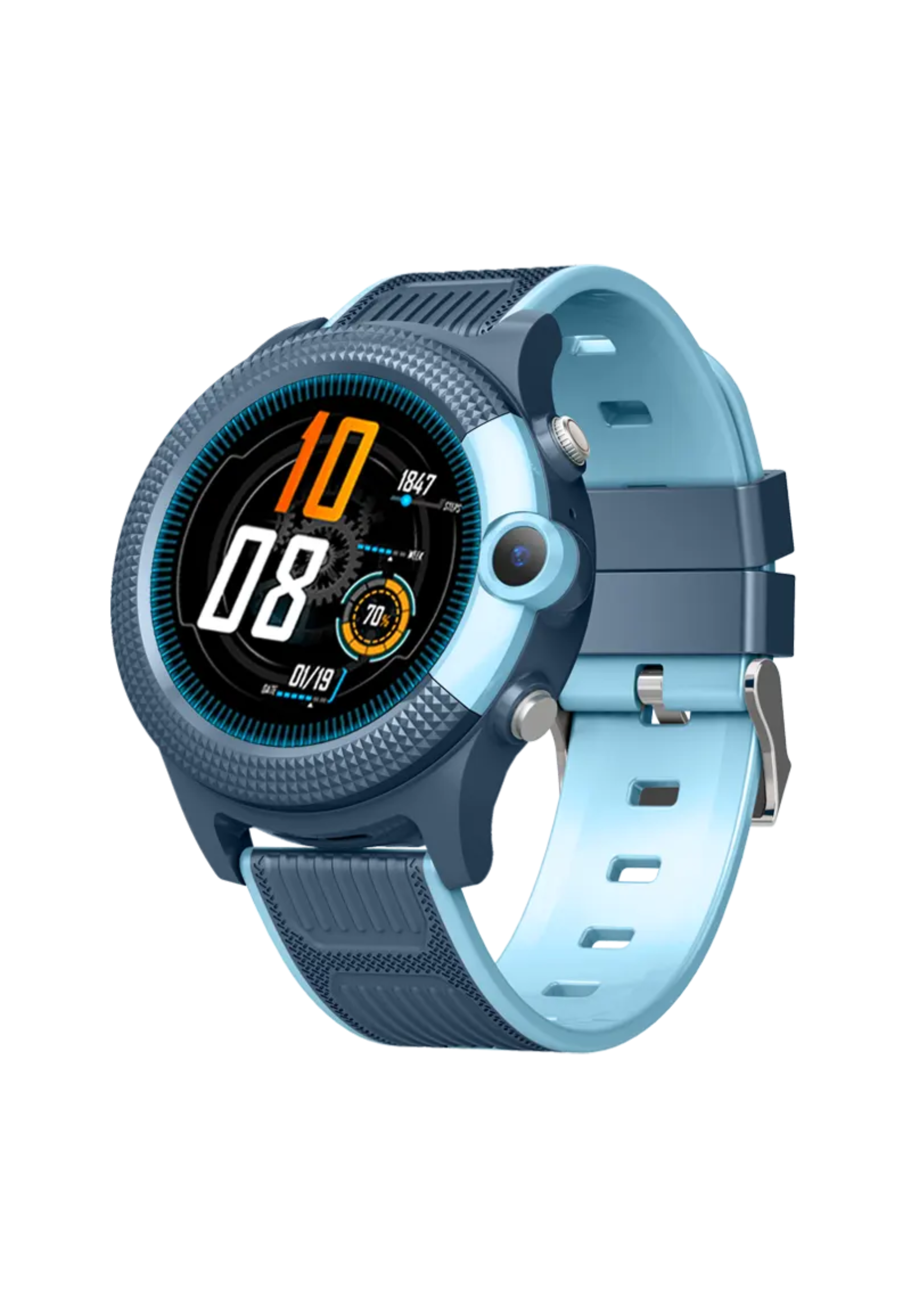 Eine blaue und dunkelblaue Smartwatch mit rundem Bildschirm. Der Bildschirm zeigt Zeit, Datum und Aktivitätsdaten an.