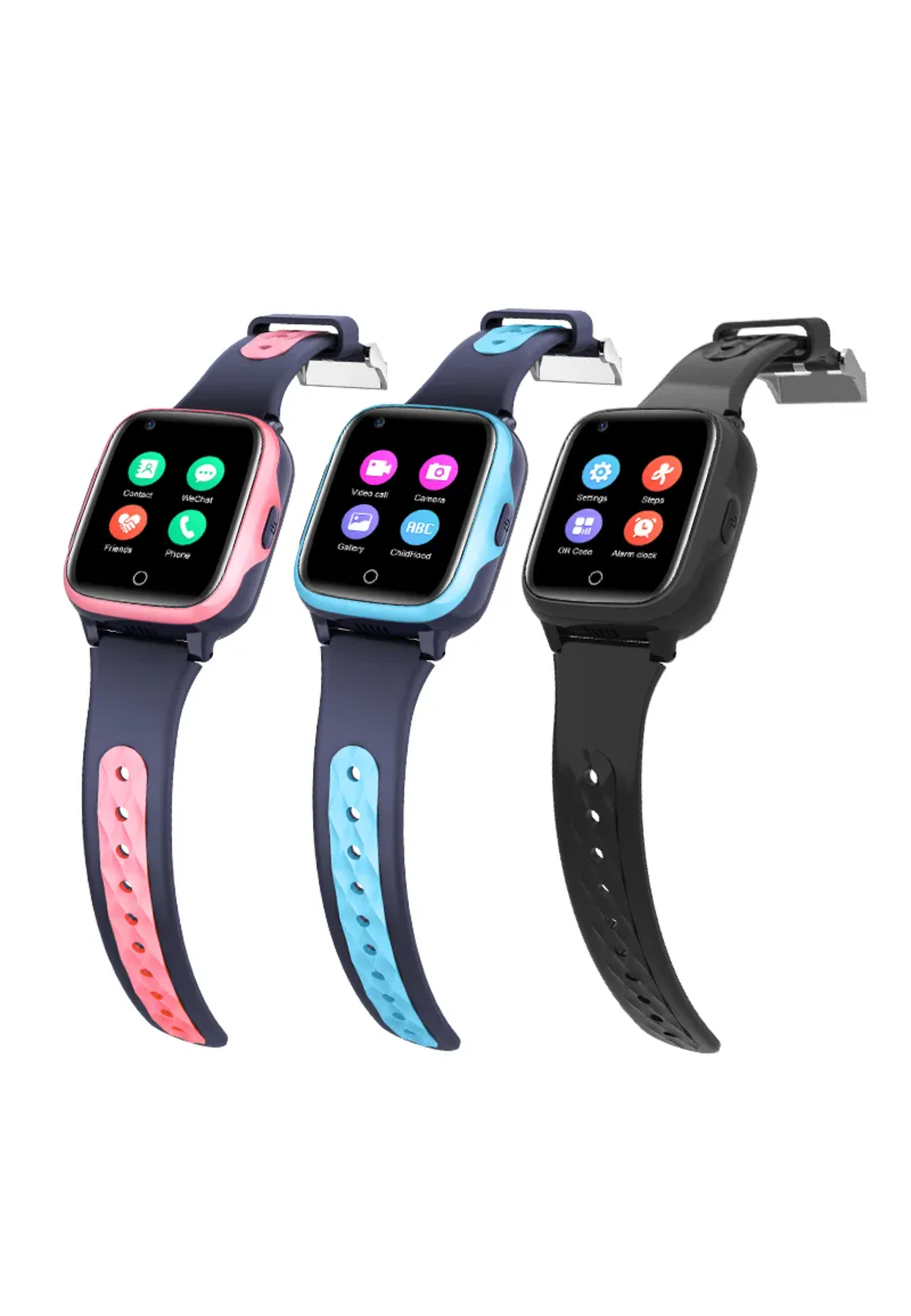 Drei Smartwatches mit verschiedenfarbigen Armbändern: rosa, blau und schwarz. Alle haben Touchscreens.