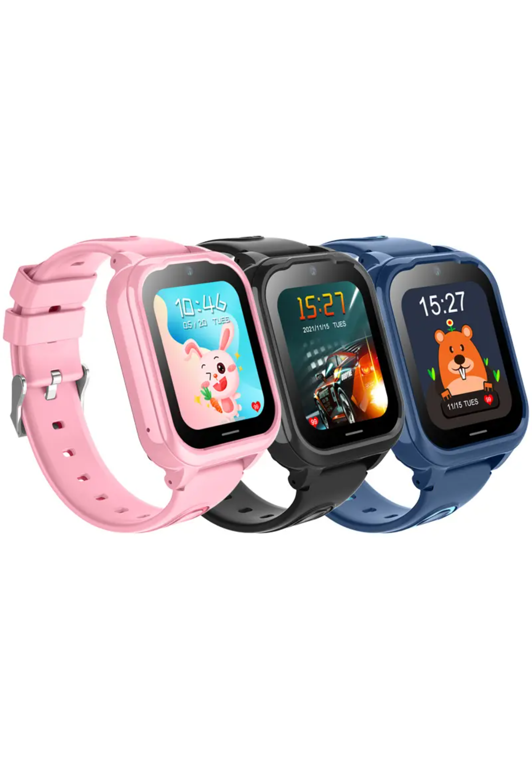 Drei Kinder-Smartwatches mit verschiedenen Bildschirmen und pinken, schwarzen und blauen Bändern.