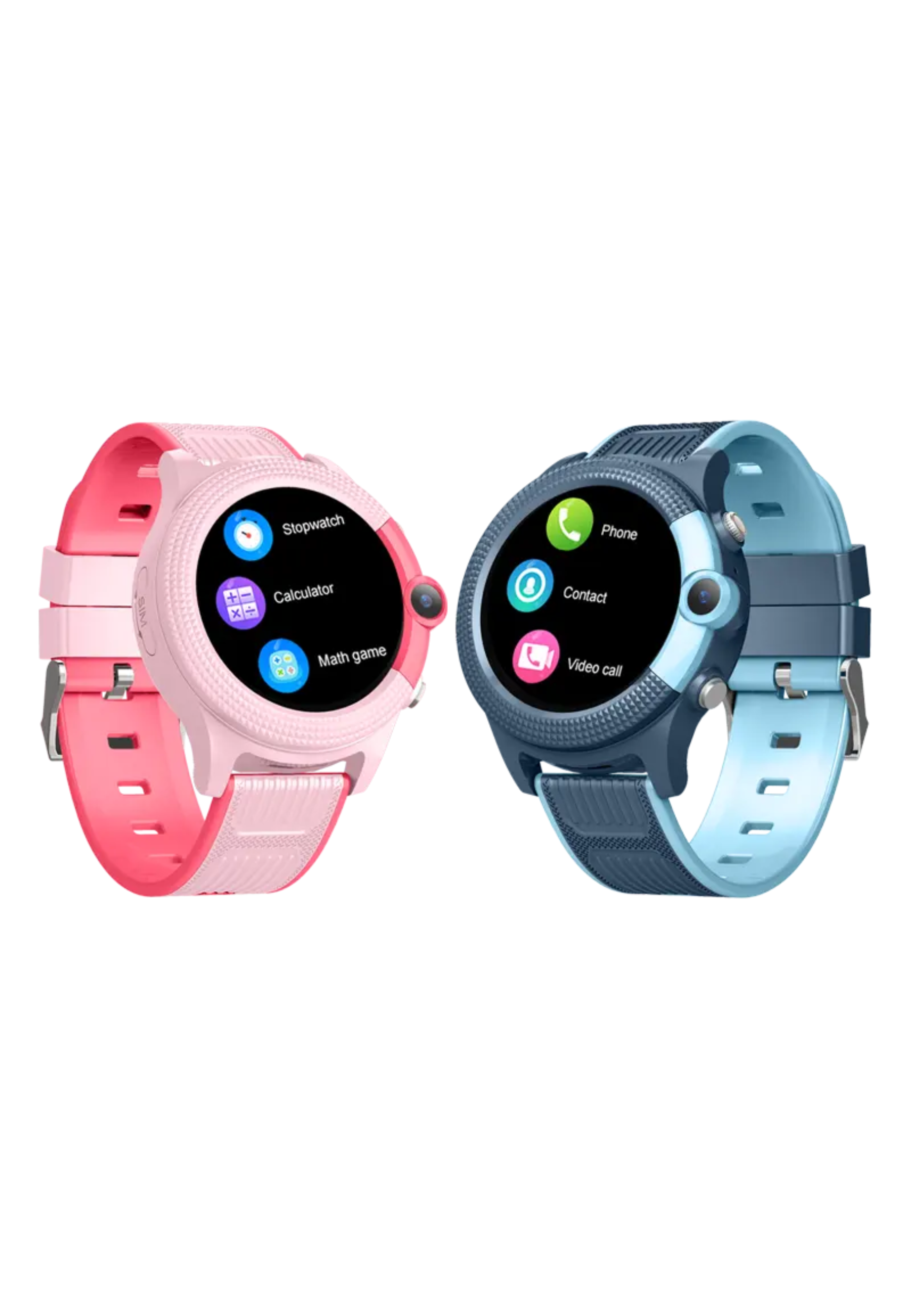Zwei Smartwatches, eine rosa, eine blaue, zeigen verschiedene Bildschirme.