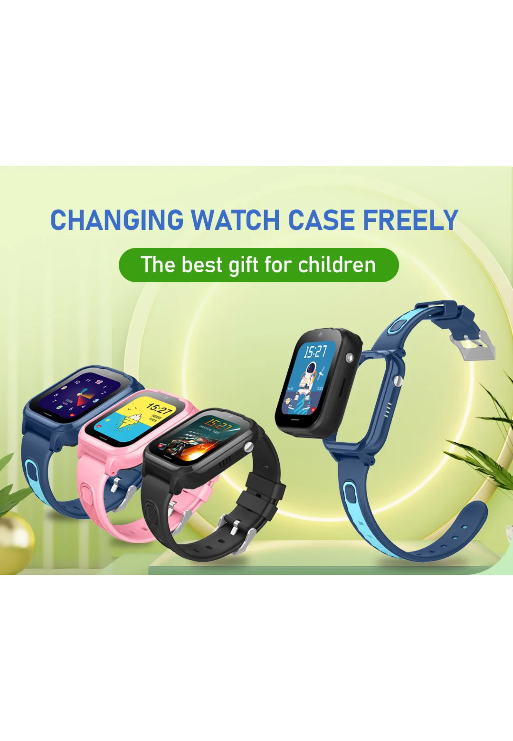 Smartwatches für Kinder in Blau, Rosa und Schwarz, mit Werbebanner.