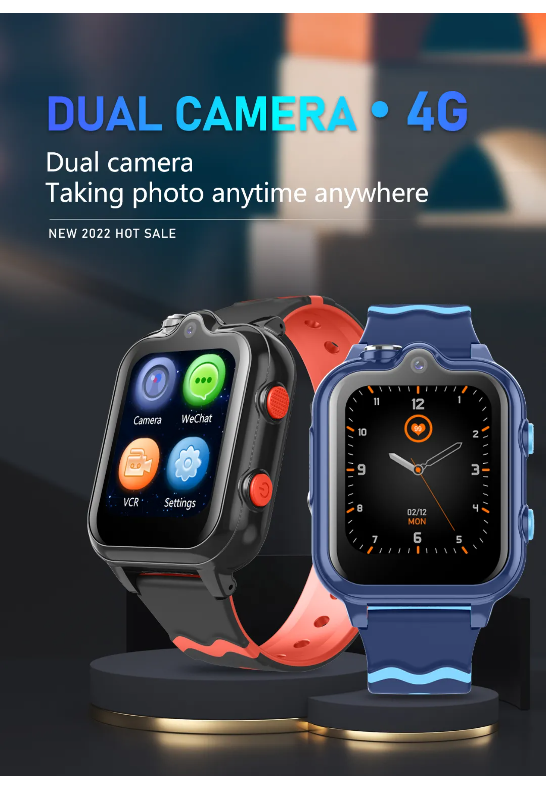 Zwei Smartwatches, schwarz und blau, mit Dual-Kameras. Text: Dual-Kamera, jederzeit und überall fotografieren.