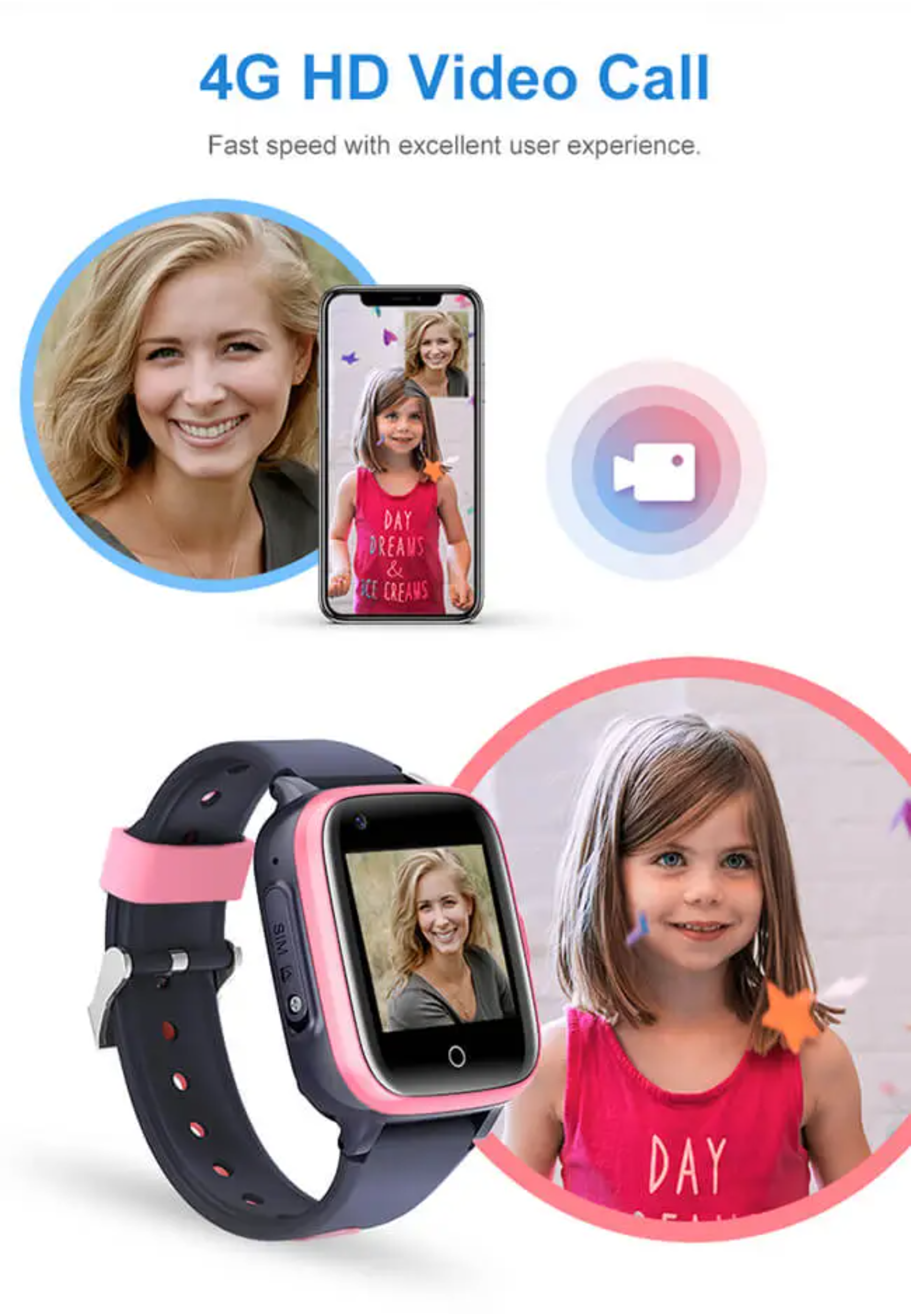 Smartwatch mit Mädchen und Frau auf dem Bildschirm. Text: 4G HD Videoanruf. Rosa und blaue Farben.