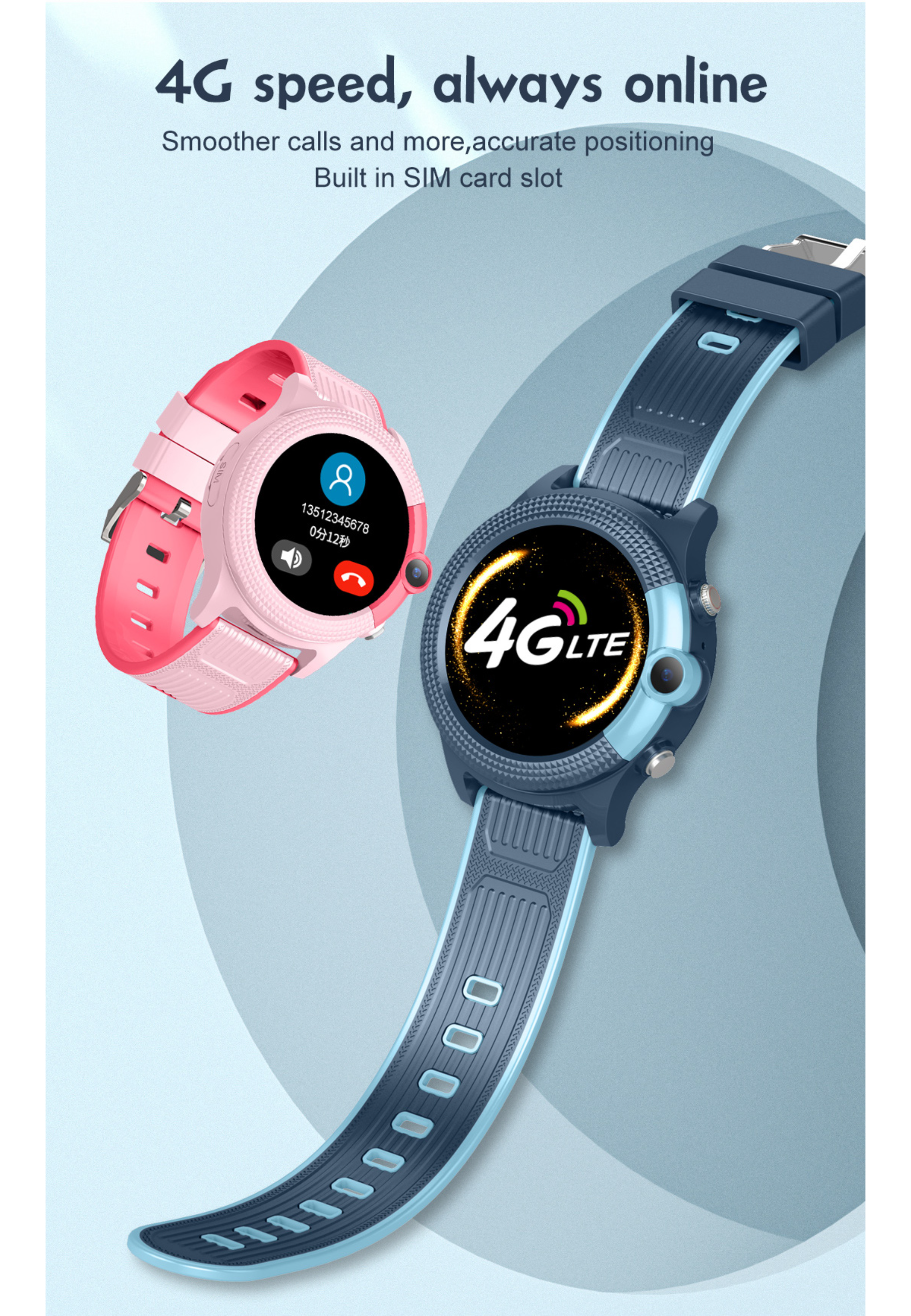 Zwei Smartwatches werden gezeigt, eine rosa und eine blaue. Beide haben farbige Armbänder und zeigen ein 4G LTE-Logo.