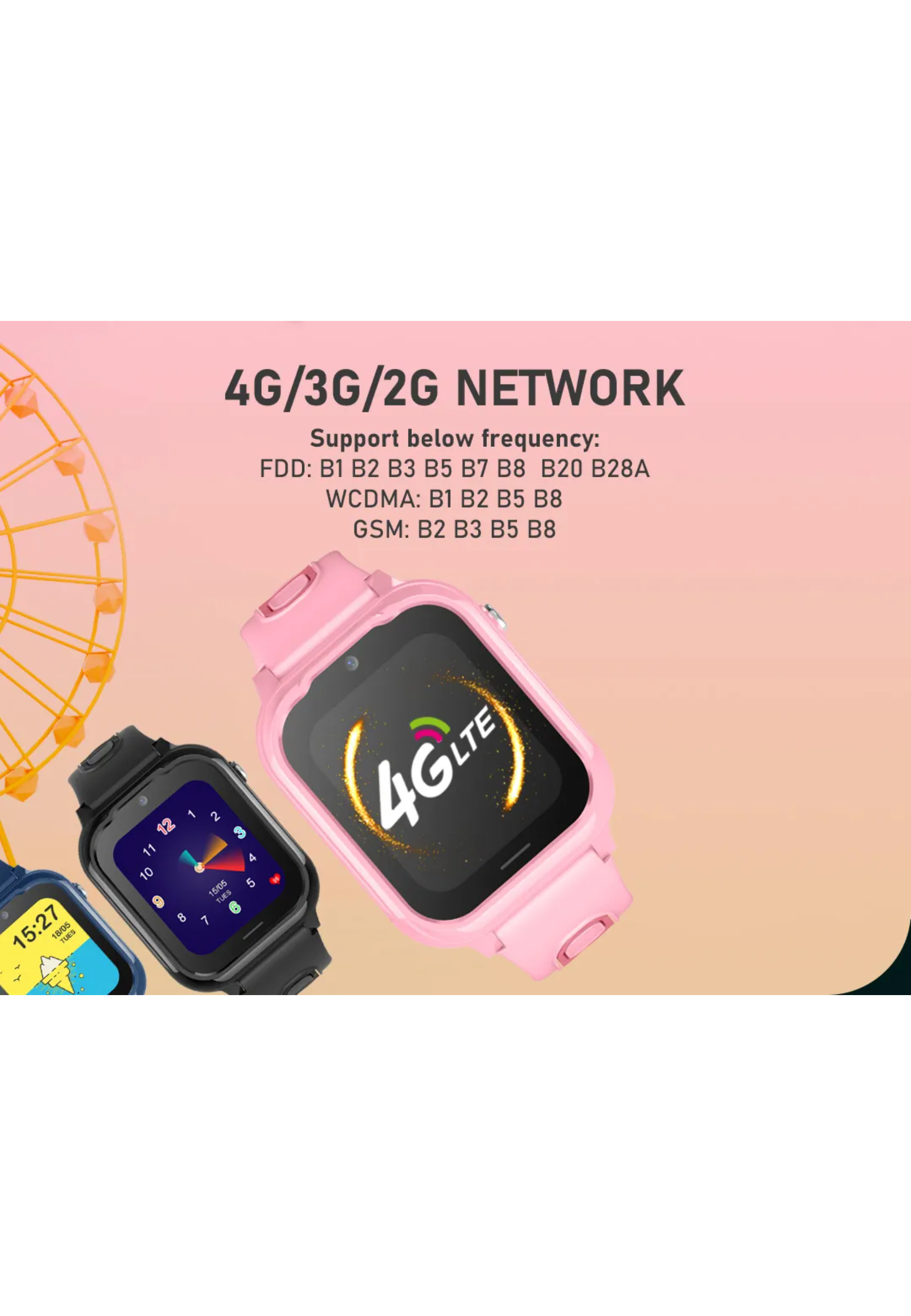 Drei Smartwatches, eine schwarze, eine rosa und eine blaue, mit 4G LTE-Text.