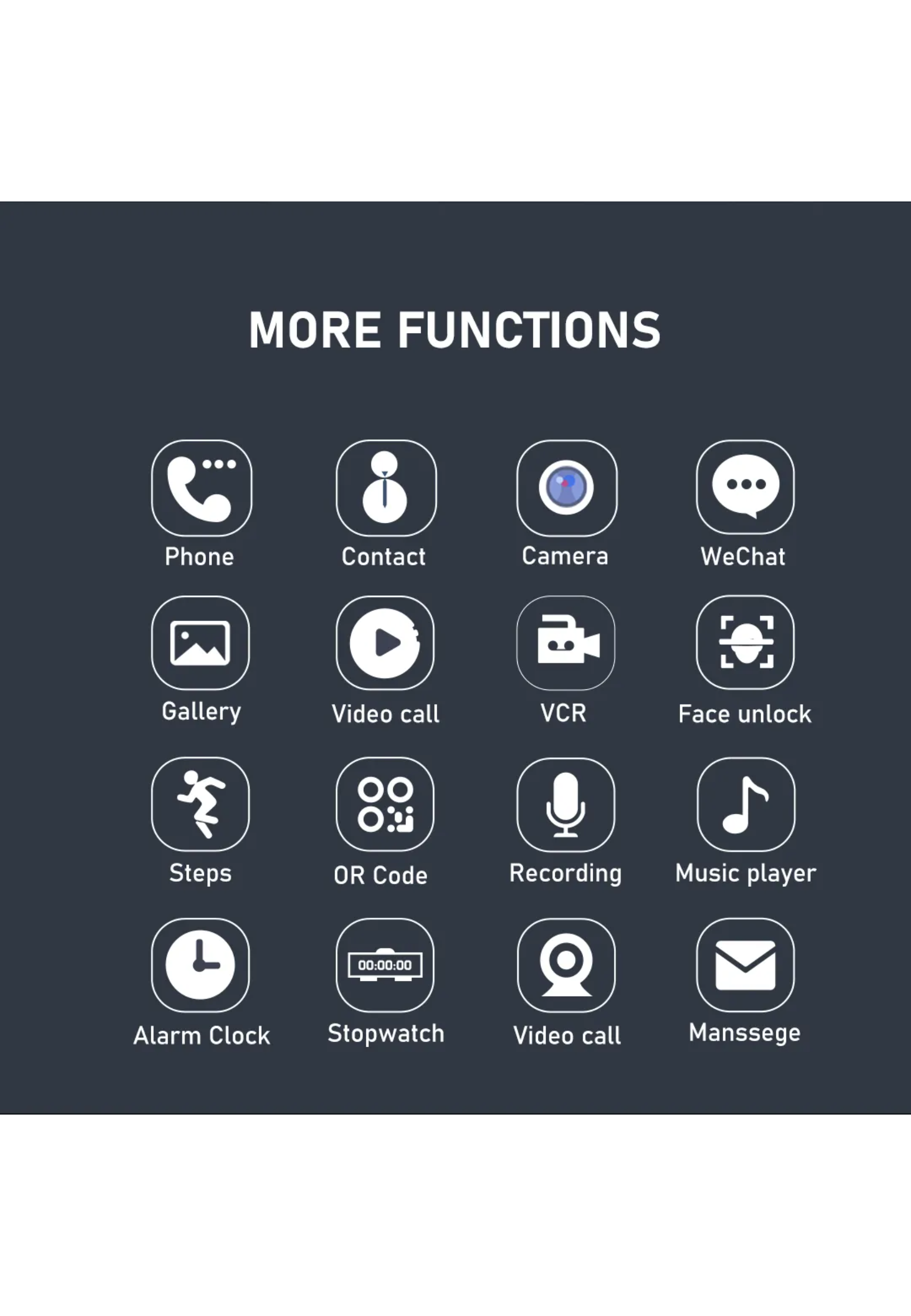 Symbole für verschiedene Smartphone-Funktionen auf dunklem Hintergrund. Enthält Telefon, Kamera und mehr.