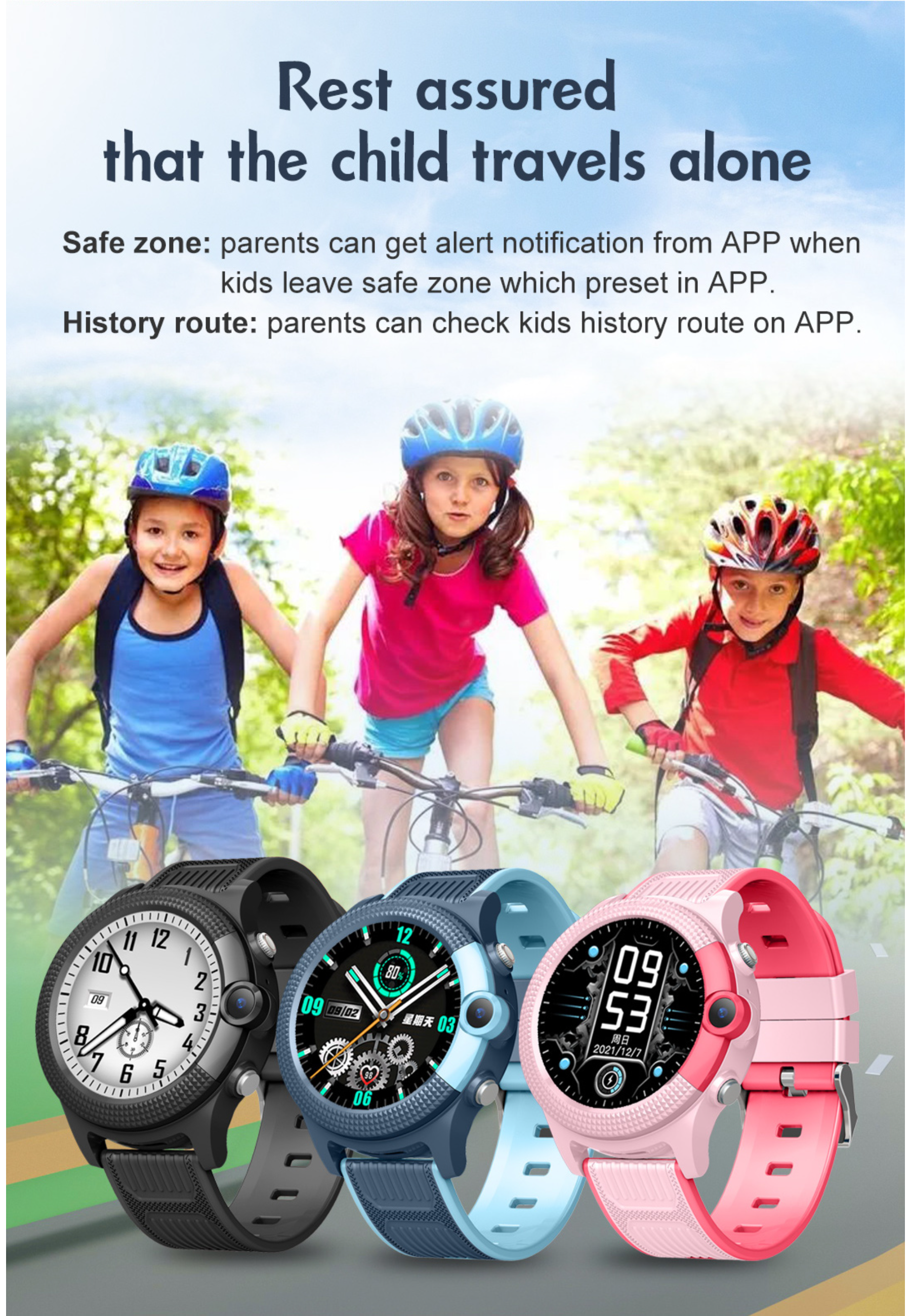 Drei Kinder auf Fahrrädern, Helme tragend, mit Smartwatches am Handgelenk.