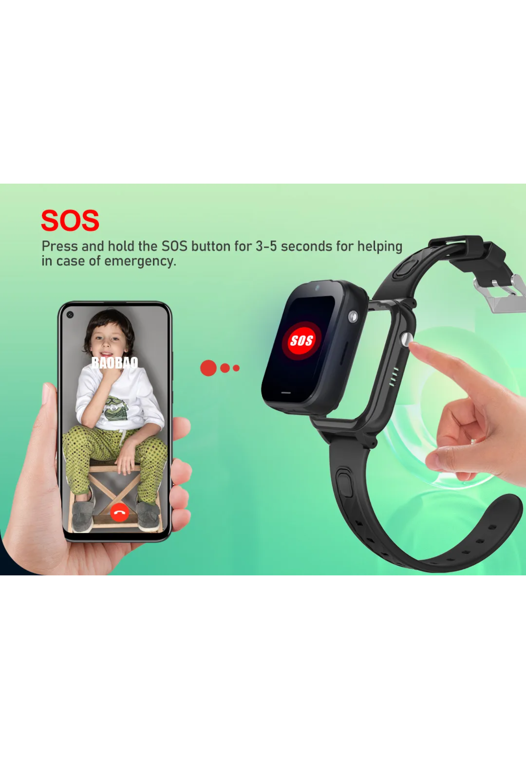 Eine Smartwatch mit SOS-Taste und einem Telefonbildschirm mit einem Kind.