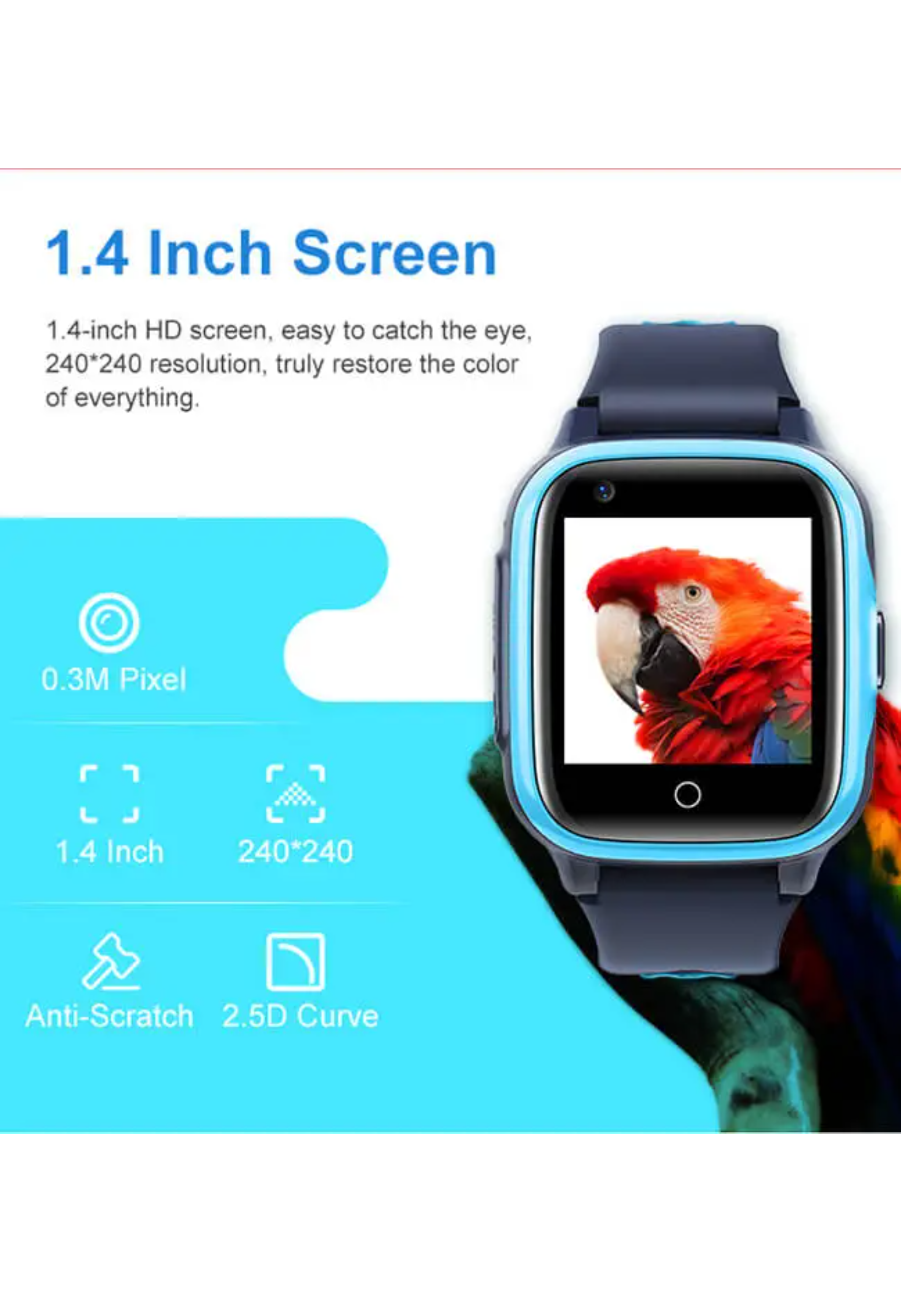 Smartwatch mit Papageienbild auf dem Bildschirm und Produktdetails.