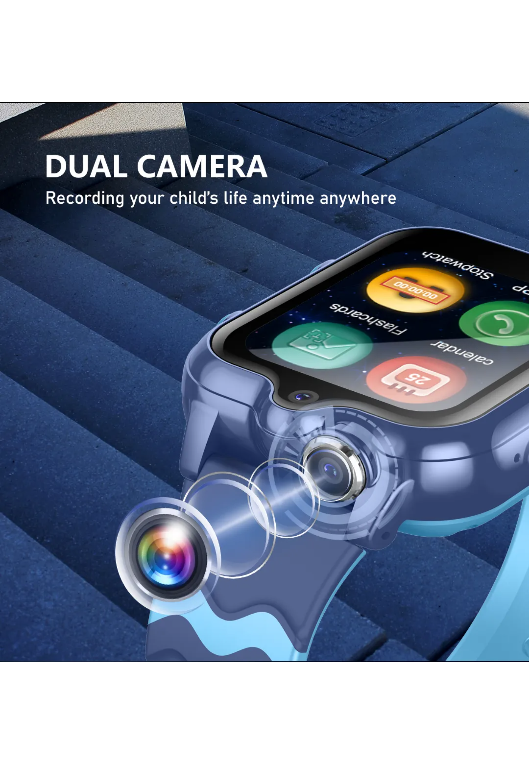 Blaue Smartwatch mit zwei Kameras, die das Leben aufzeichnen. Der Bildschirm zeigt Apps. Die Uhr liegt auf einer blauen Oberfläche.