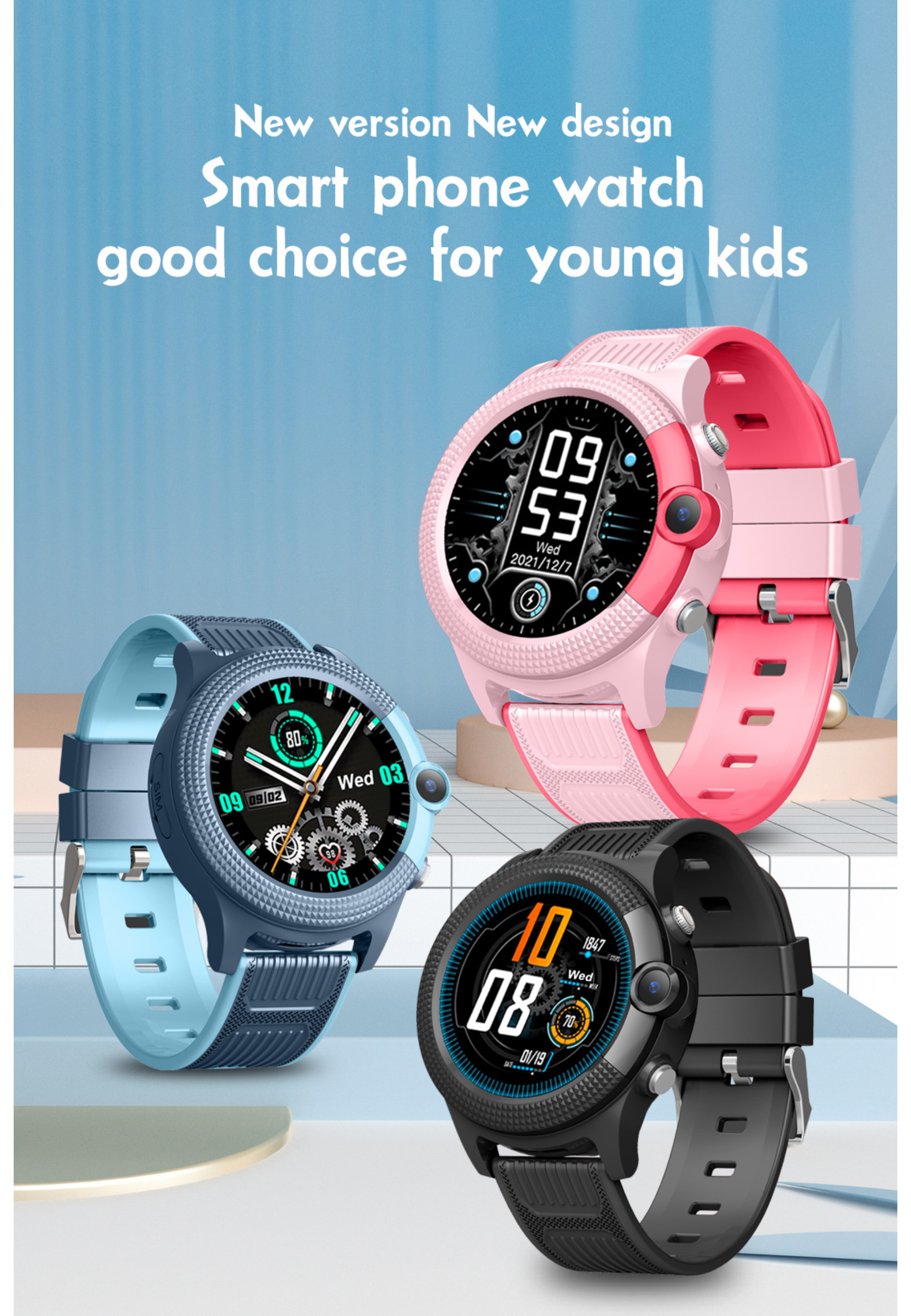 Drei Smartwatches für Kinder. Sie haben bunte Armbänder und Zifferblätter. Ein blauer Hintergrund.
