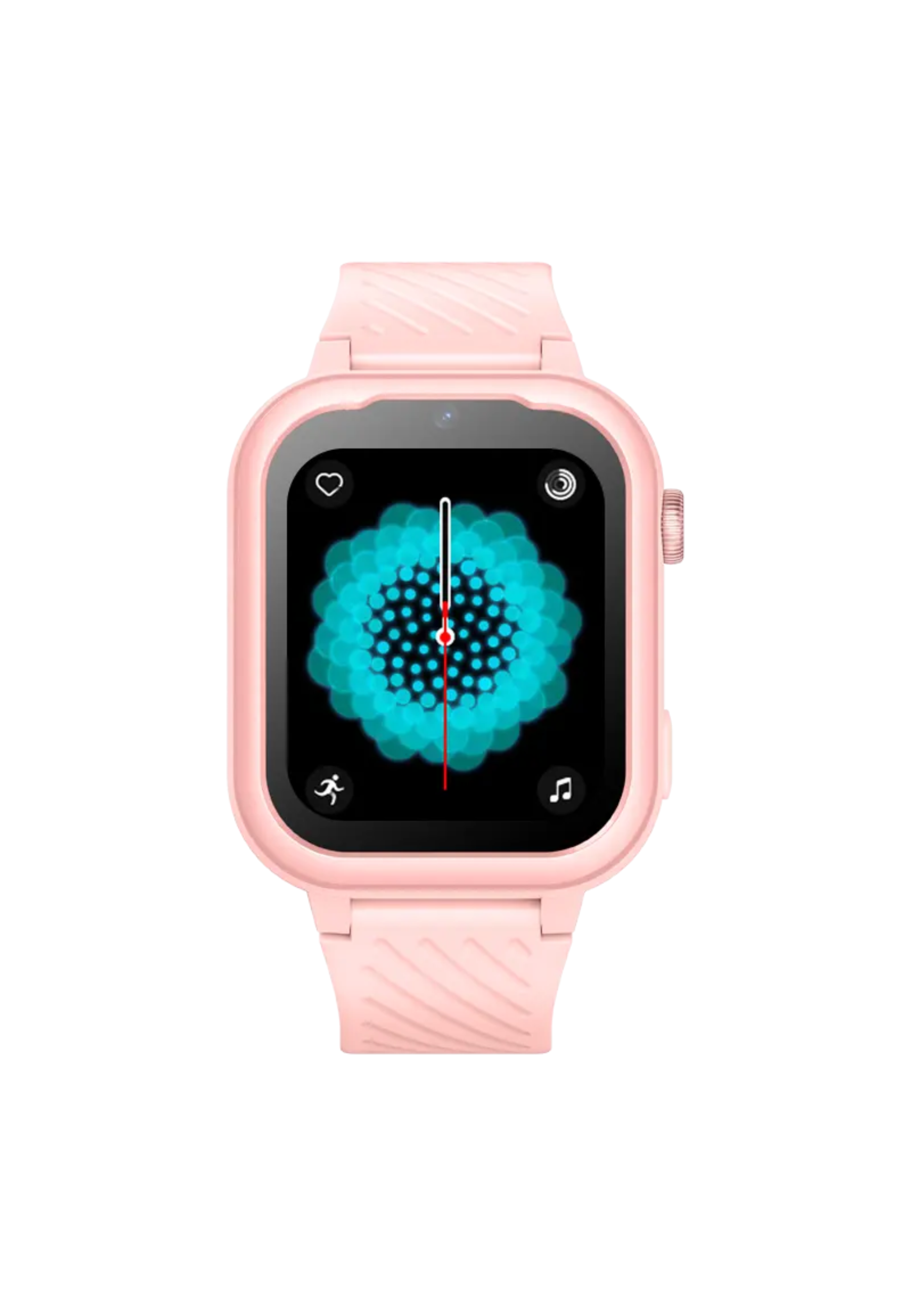 Rosa Smartwatch mit einem Bildschirm, der ein blaues Blumenmuster anzeigt, vor schwarzem Hintergrund.