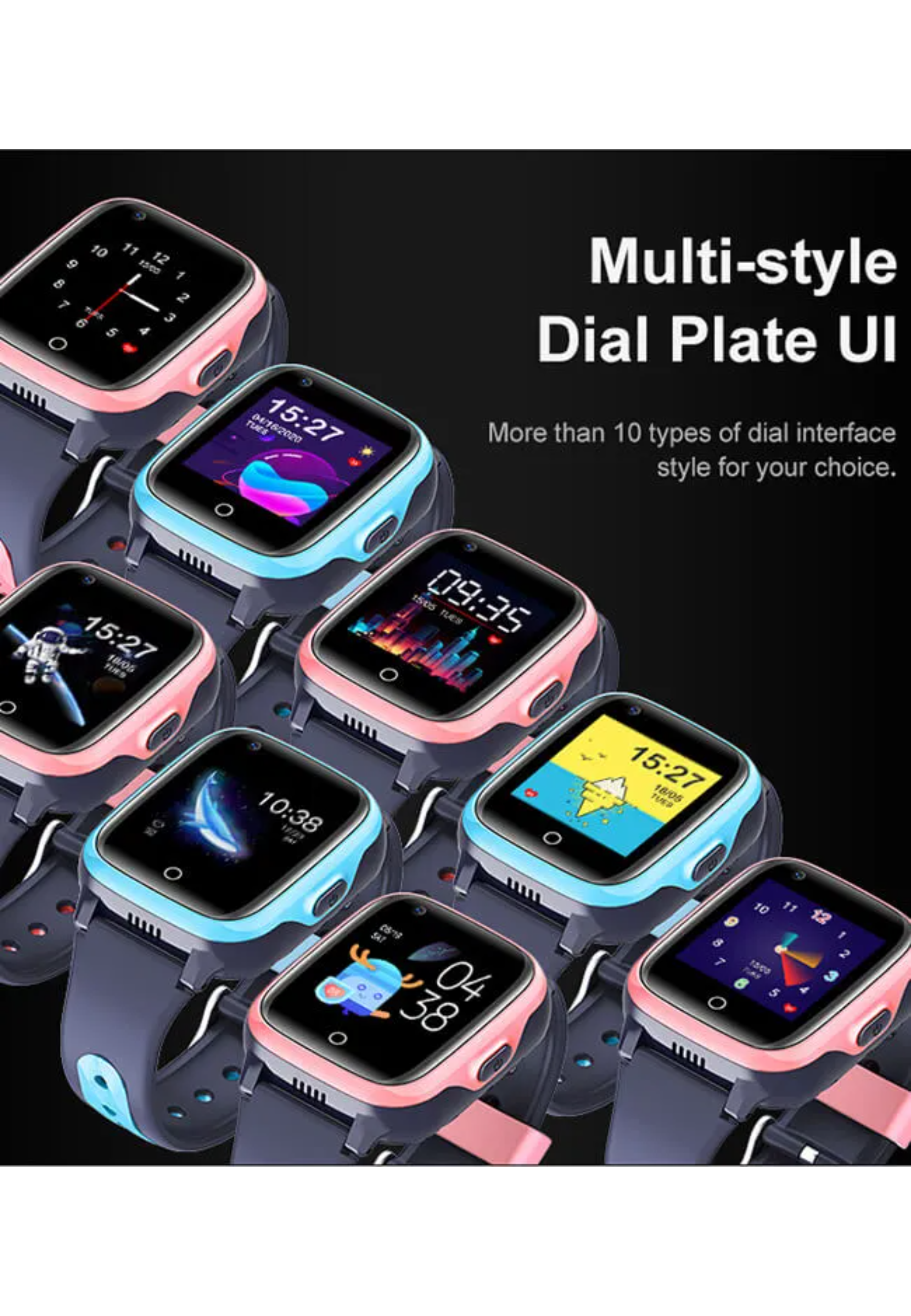 Eine Sammlung von Smartwatches mit unterschiedlichen Displaydesigns. Rosa und blaue Armbänder sind sichtbar.