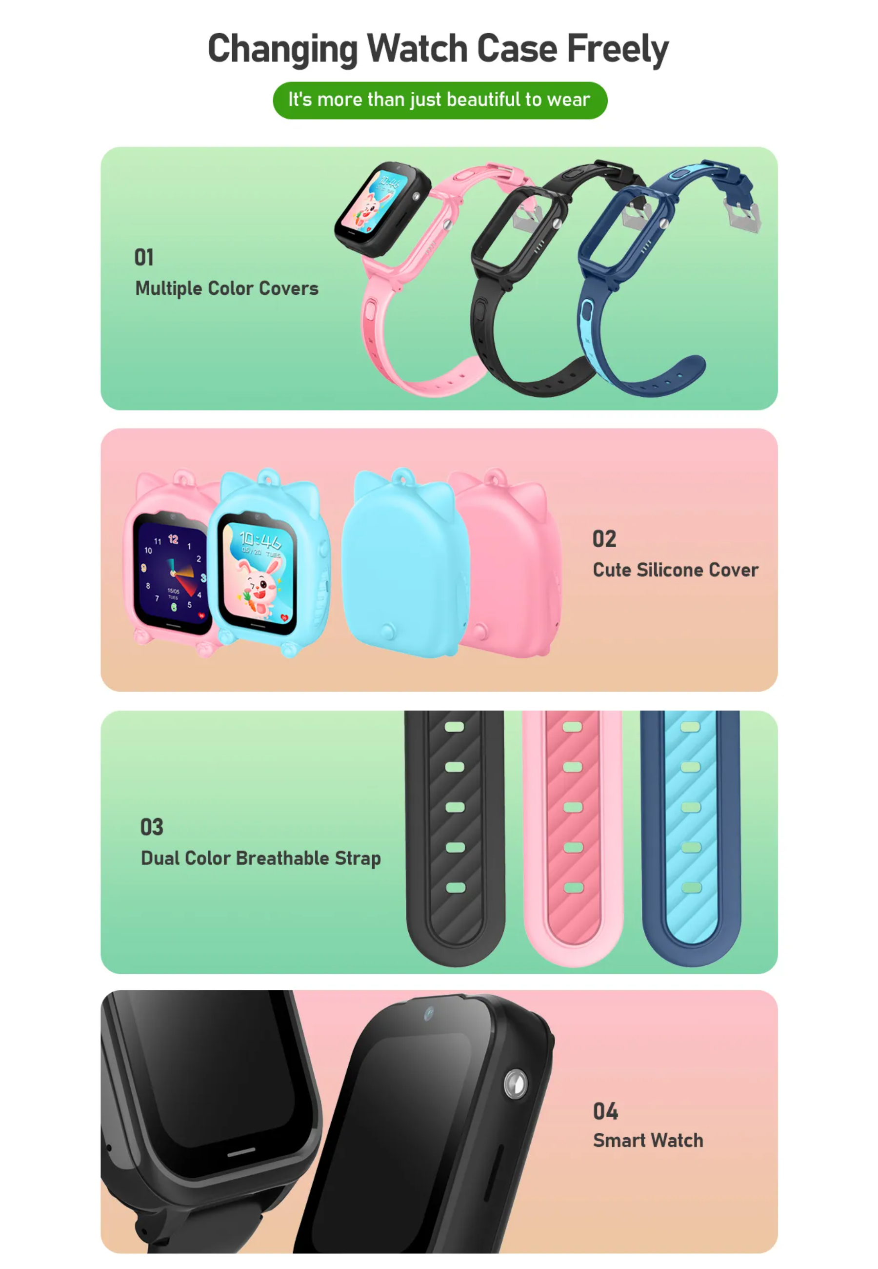 Eine Anzeige von Smartwatch-Komponenten. Mehrere Farbcover, Silikoncover, Armbänder und eine Smartwatch.