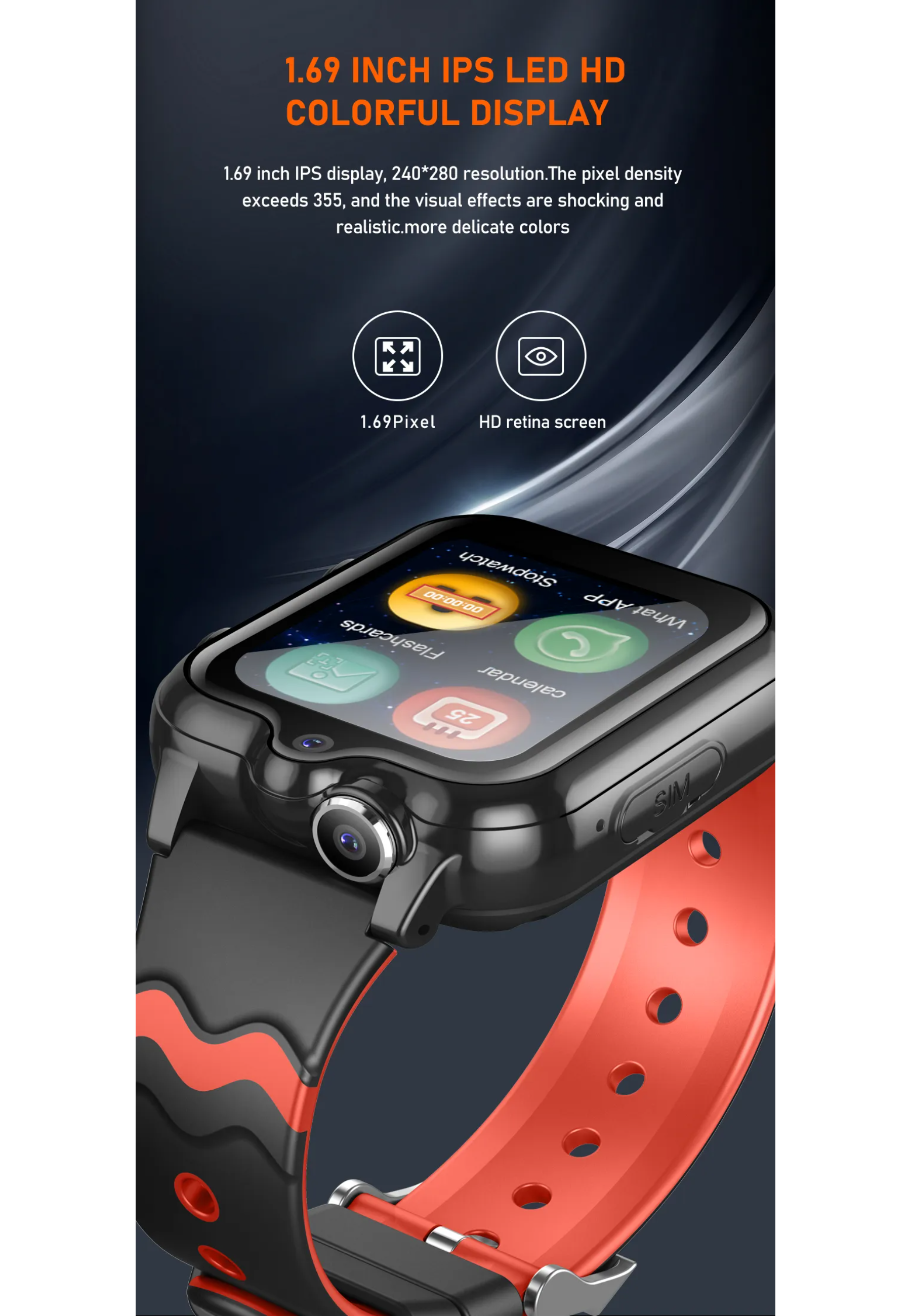 Smartwatch am Handgelenk, mit farbenfroher Oberfläche. Schwarzes und rotes Armband, schwarzes Zifferblatt.