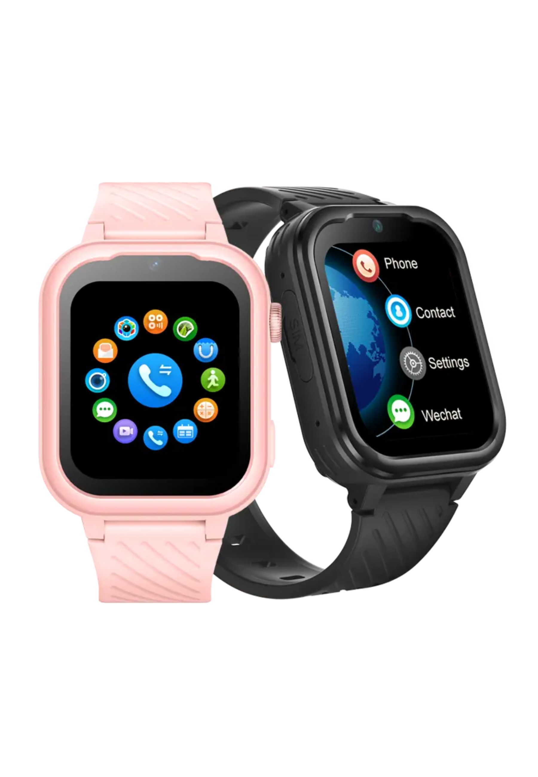Zwei Smartwatches, eine rosa und eine schwarze, mit App-Symbolen, auf schwarzem Hintergrund.
