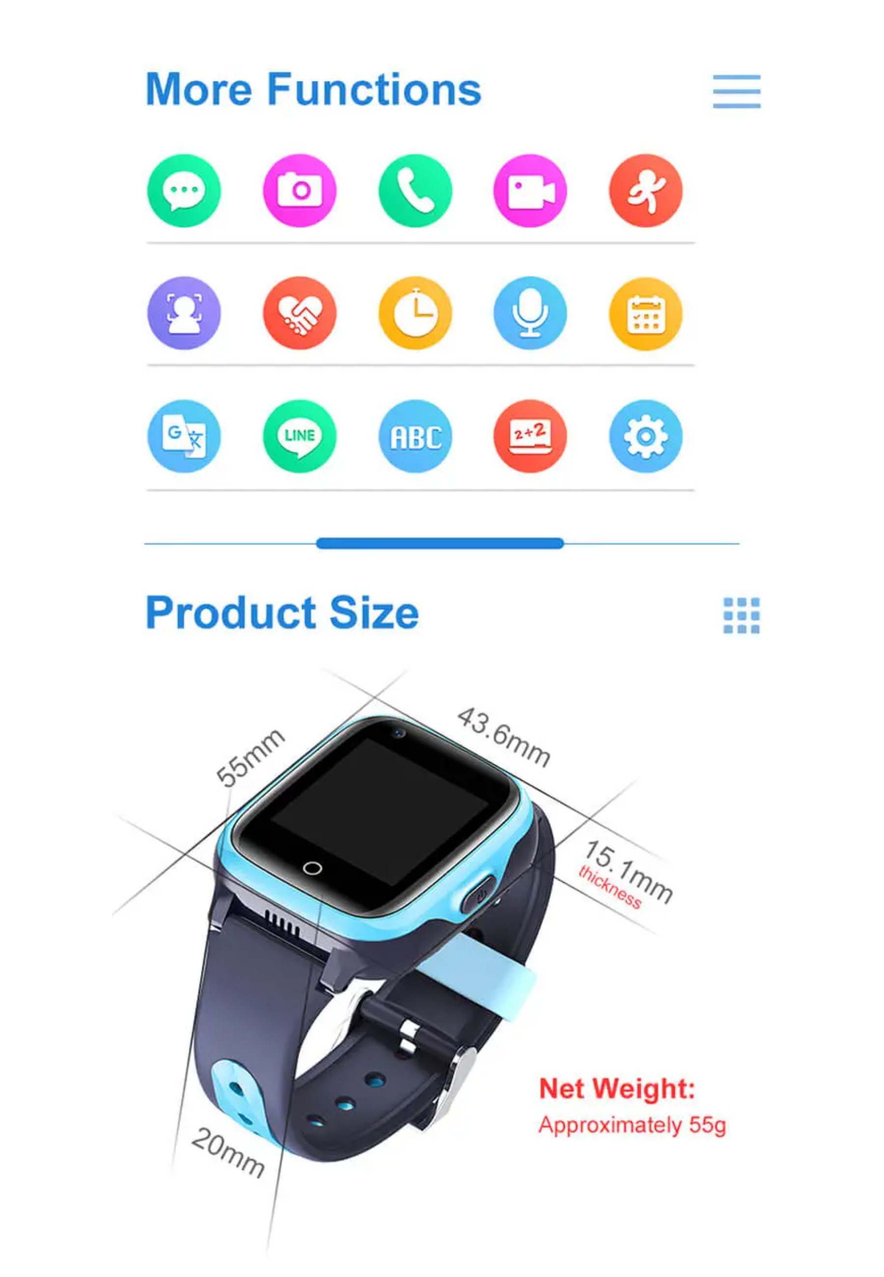 Eine Smartwatch mit Symbolen und Abmessungen, einschließlich Größe und Gewicht der Uhr.