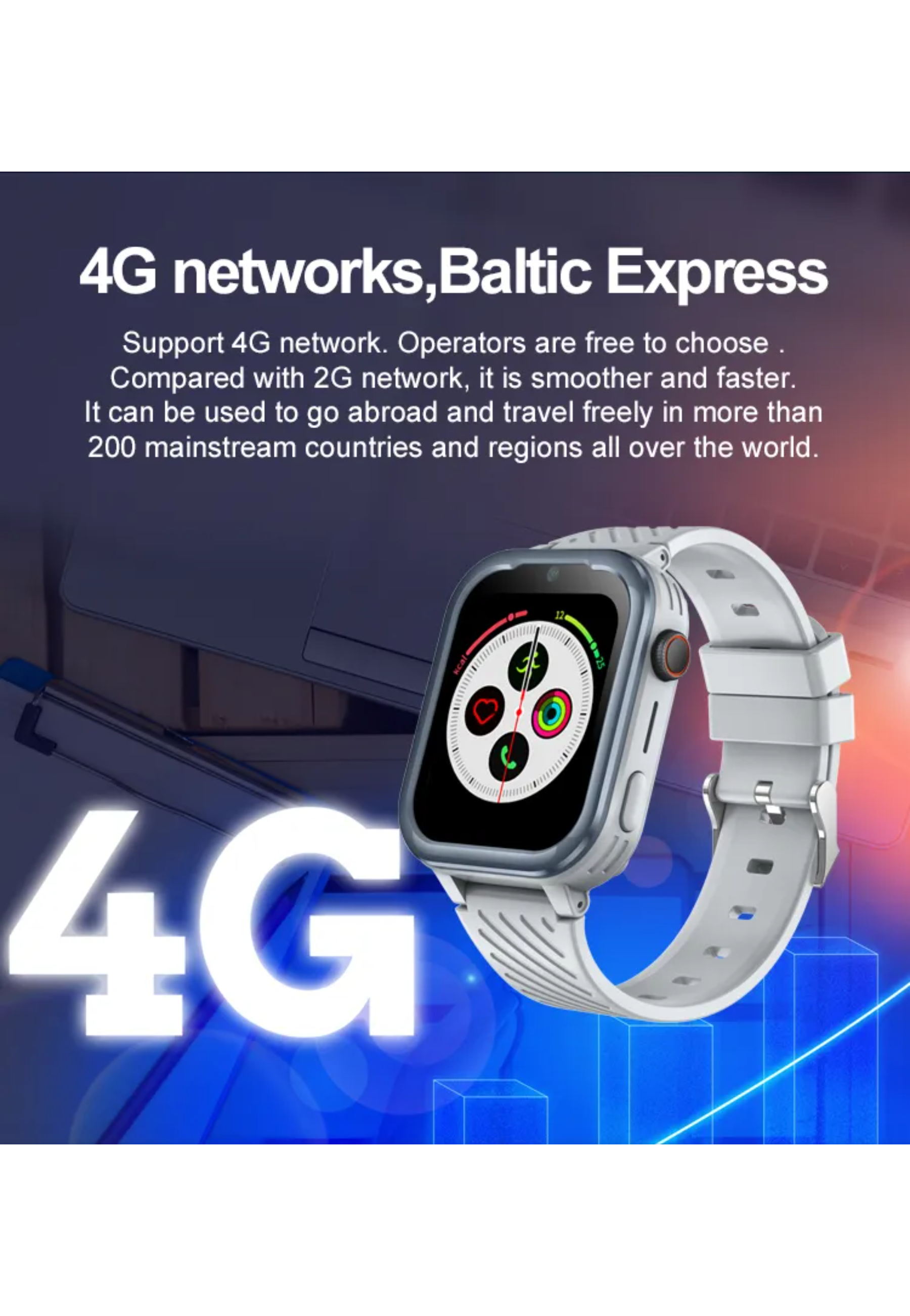 Eine Smartwatch mit weißem Armband, die ein 4G-Netzwerksymbol und andere Daten anzeigt, mit Text über 4G.