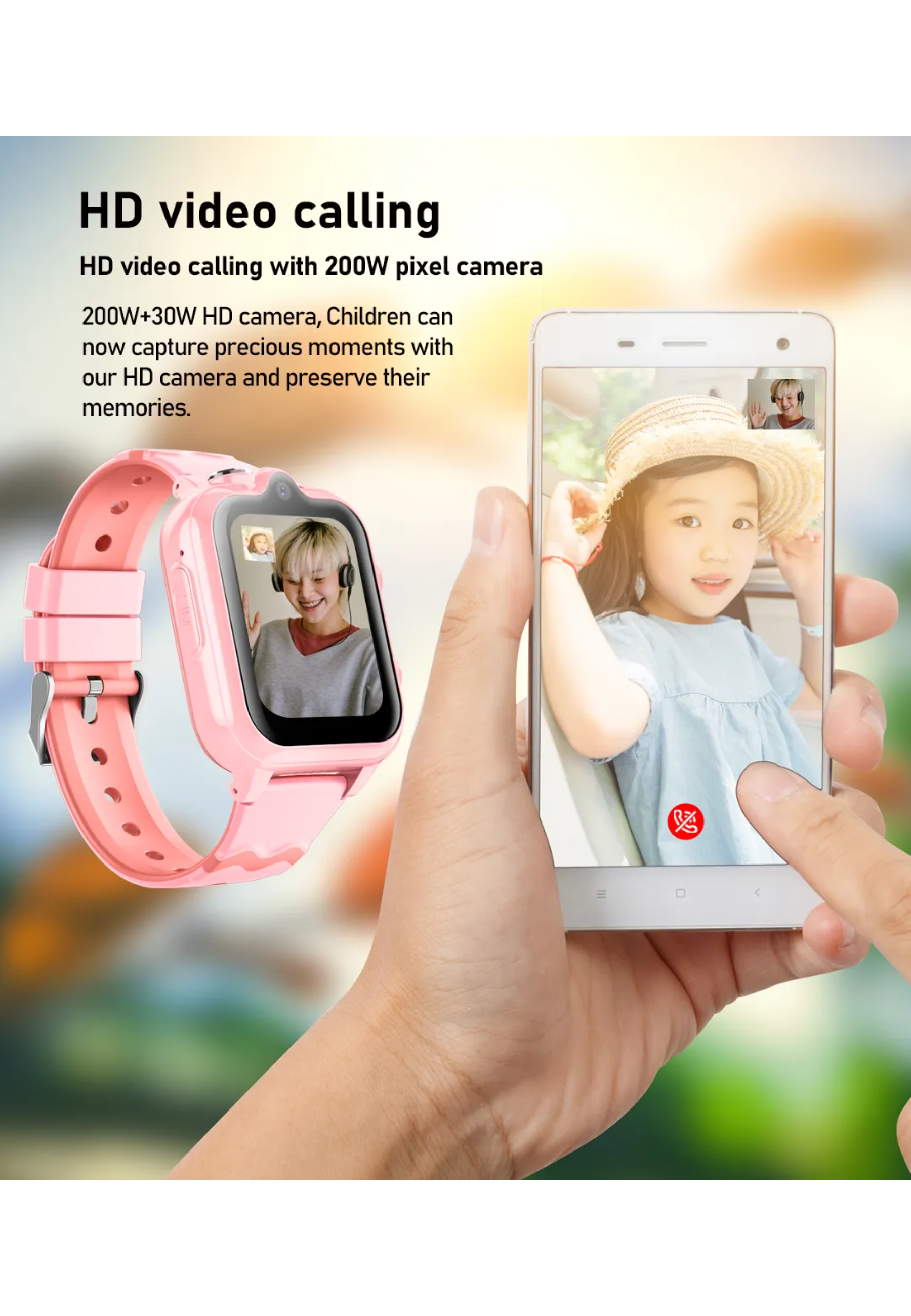 Ein Kind und eine Frau telefonieren per Videoanruf über eine rosa Smartwatch und ein Smartphone.