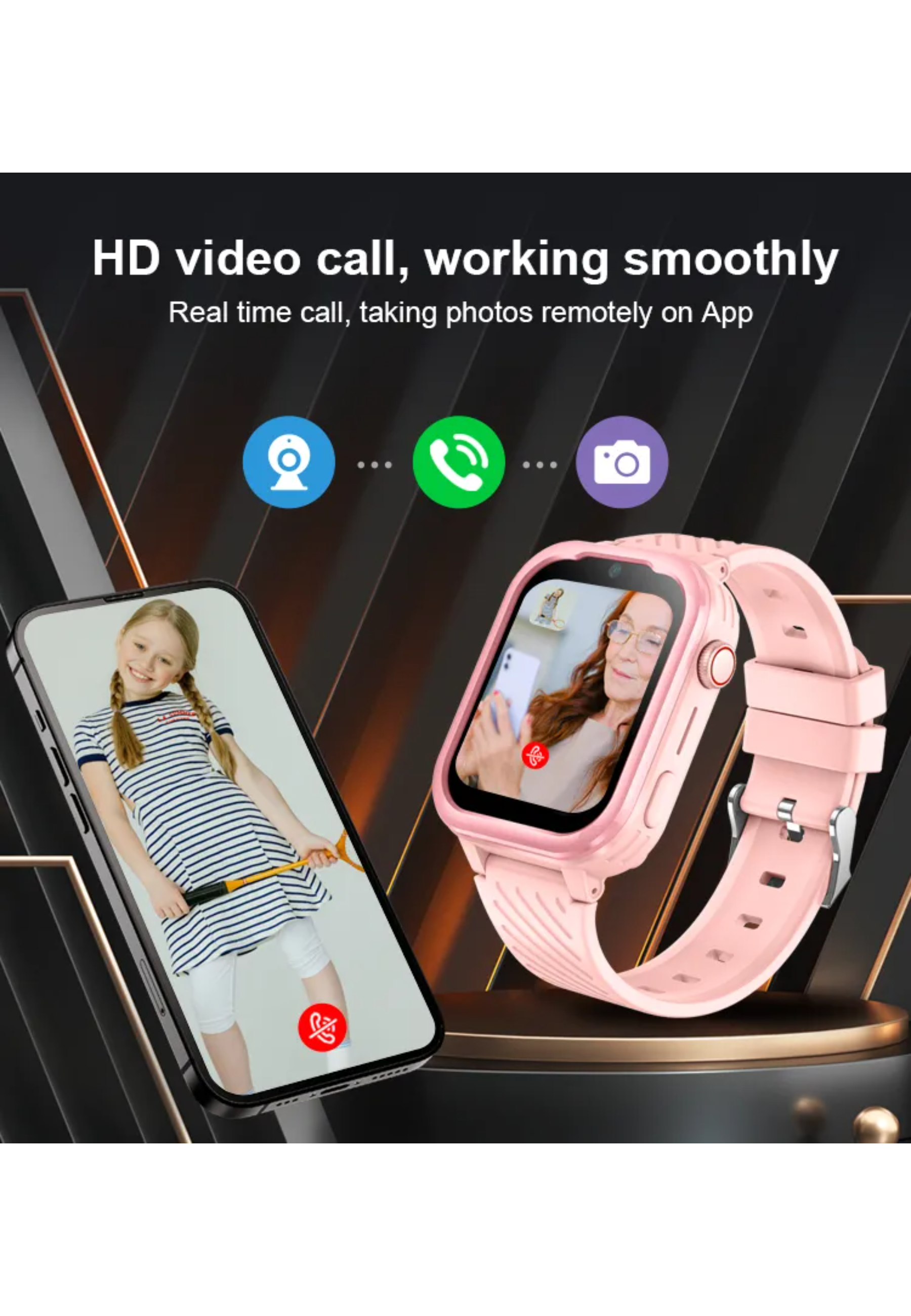 Eine rosa Smartwatch mit einem Videoanruf auf dem Bildschirm, mit einem Mädchen am Telefon. Schwarzer Hintergrund.