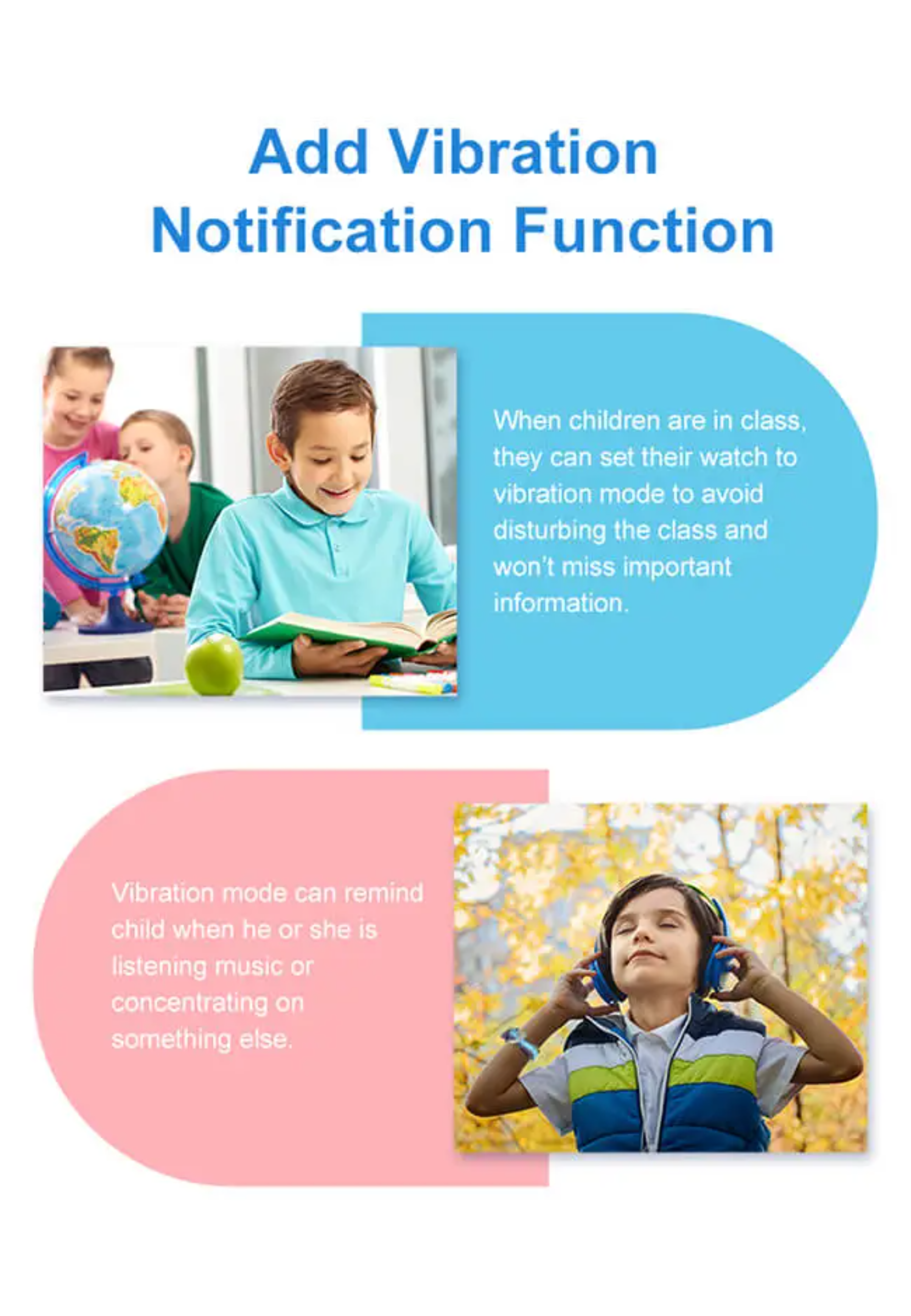 Illustration über Vibrationsbenachrichtigung. Kinder im Klassenzimmer und mit Kopfhörern.