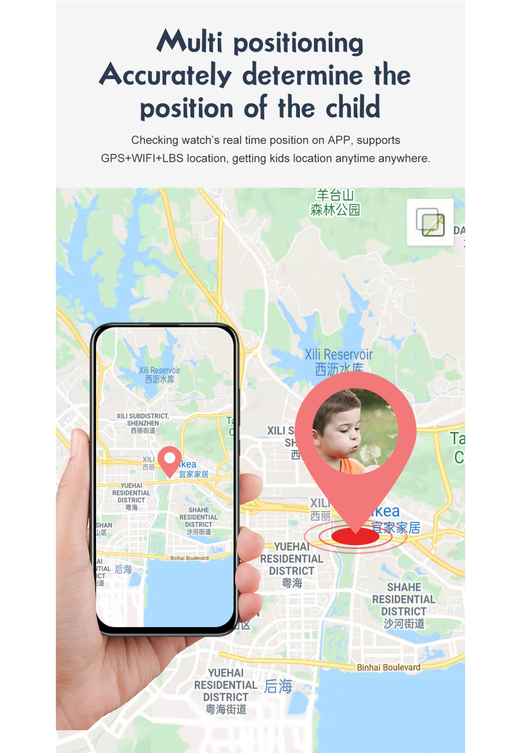 Eine Hand, die ein Telefon mit einer Karte und einem Kinderfoto hält. Informativer Text im Hintergrund.