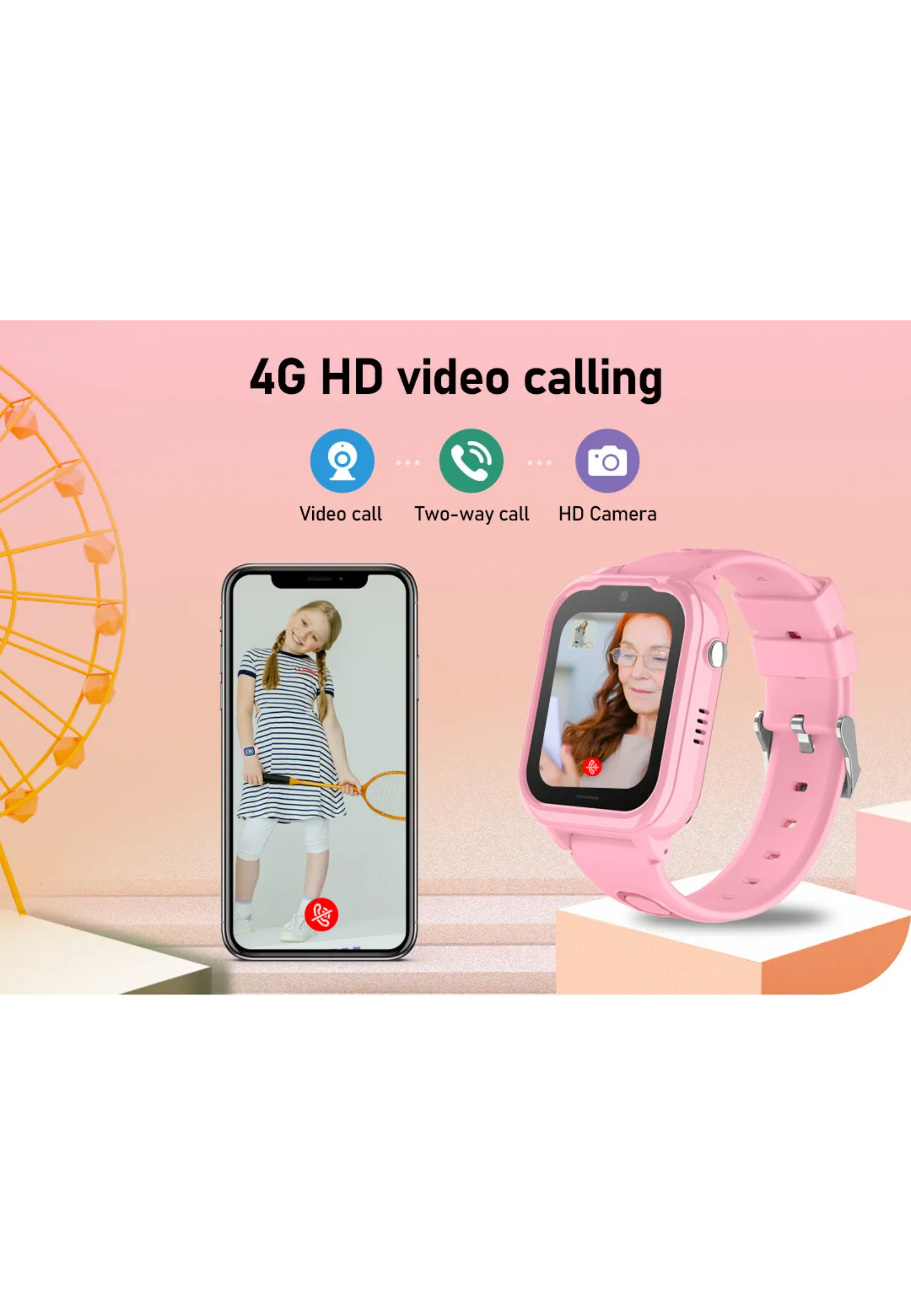Ein Smartphone zeigt einen Videoanruf, und eine rosa Smartwatch.