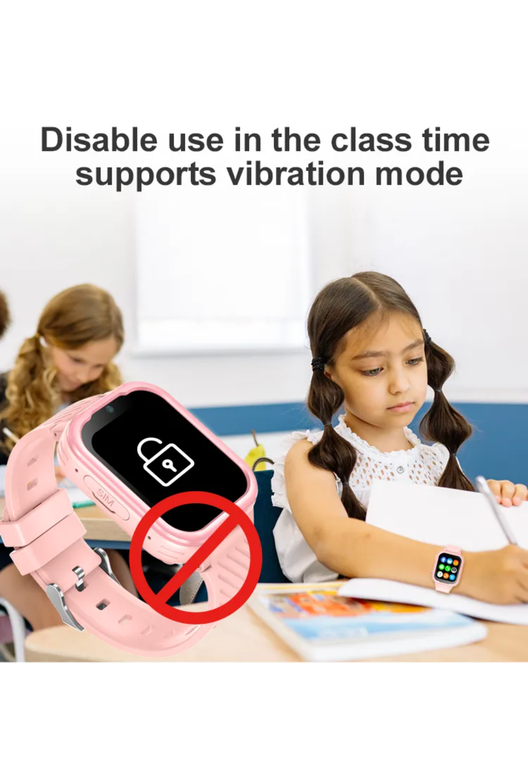 Eine rosa Smartwatch mit einem Schloss-Symbol auf dem Bildschirm, und zwei Mädchen im Hintergrund.