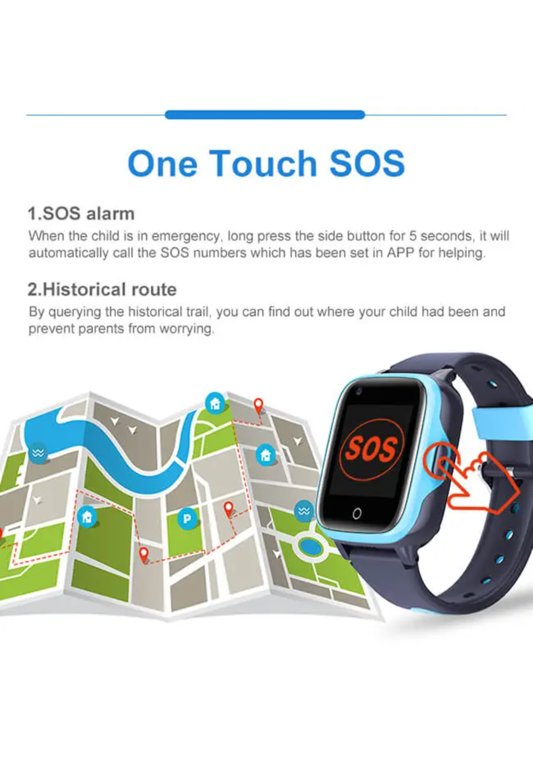 Eine Smartwatch auf einer Karte mit SOS-Alarm und Verlaufsrouten-Funktionen, mit Text.