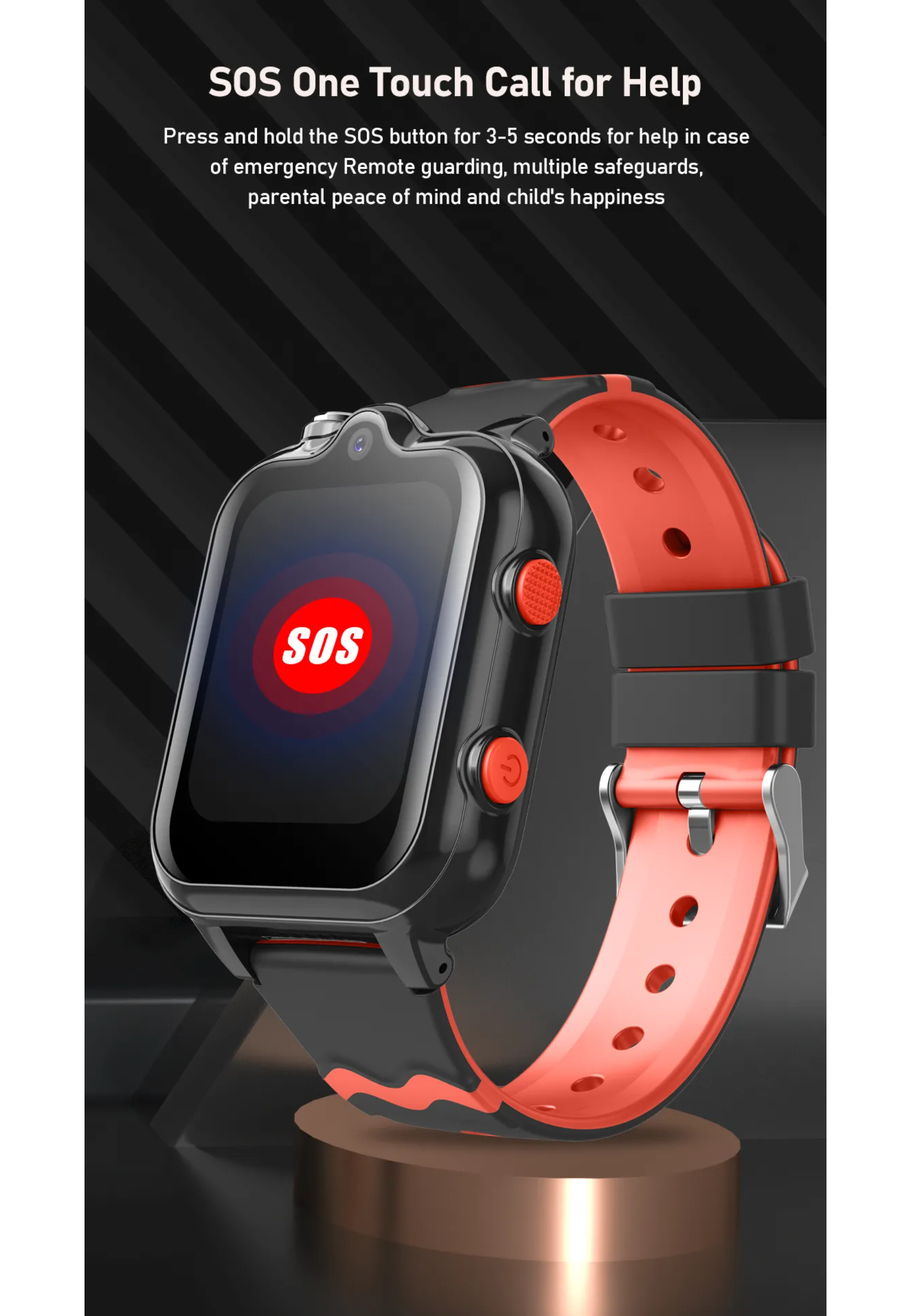 Smartwatch mit roter SOS-Taste. Das Armband ist schwarz und rot. Der Bildschirm zeigt ein rotes SOS-Symbol.