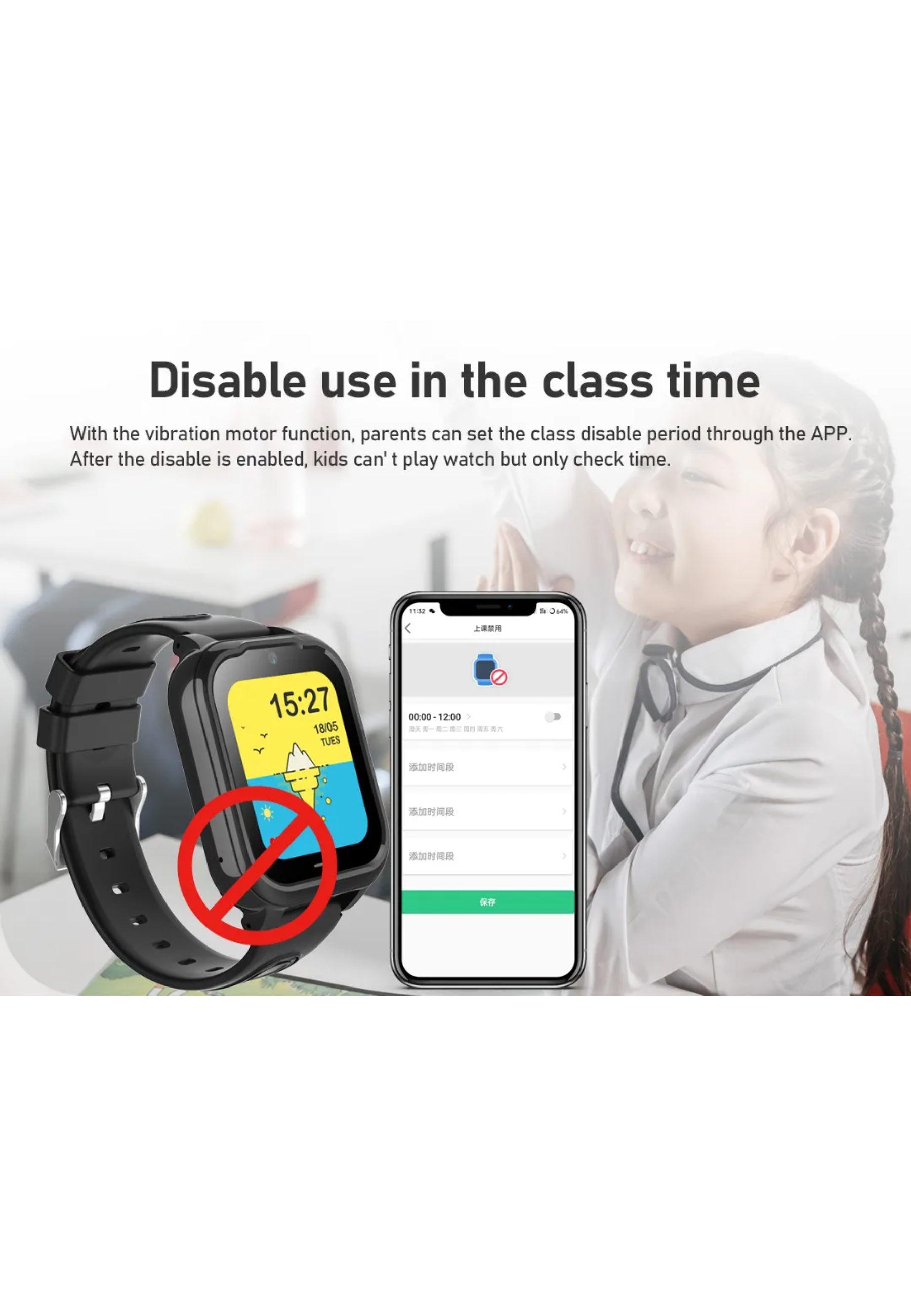Eine Smartwatch mit schwarzem Armband und ein Telefon, das die gleiche Benutzeroberfläche anzeigt. Text: Deaktivieren Sie die Nutzung im Unterricht.