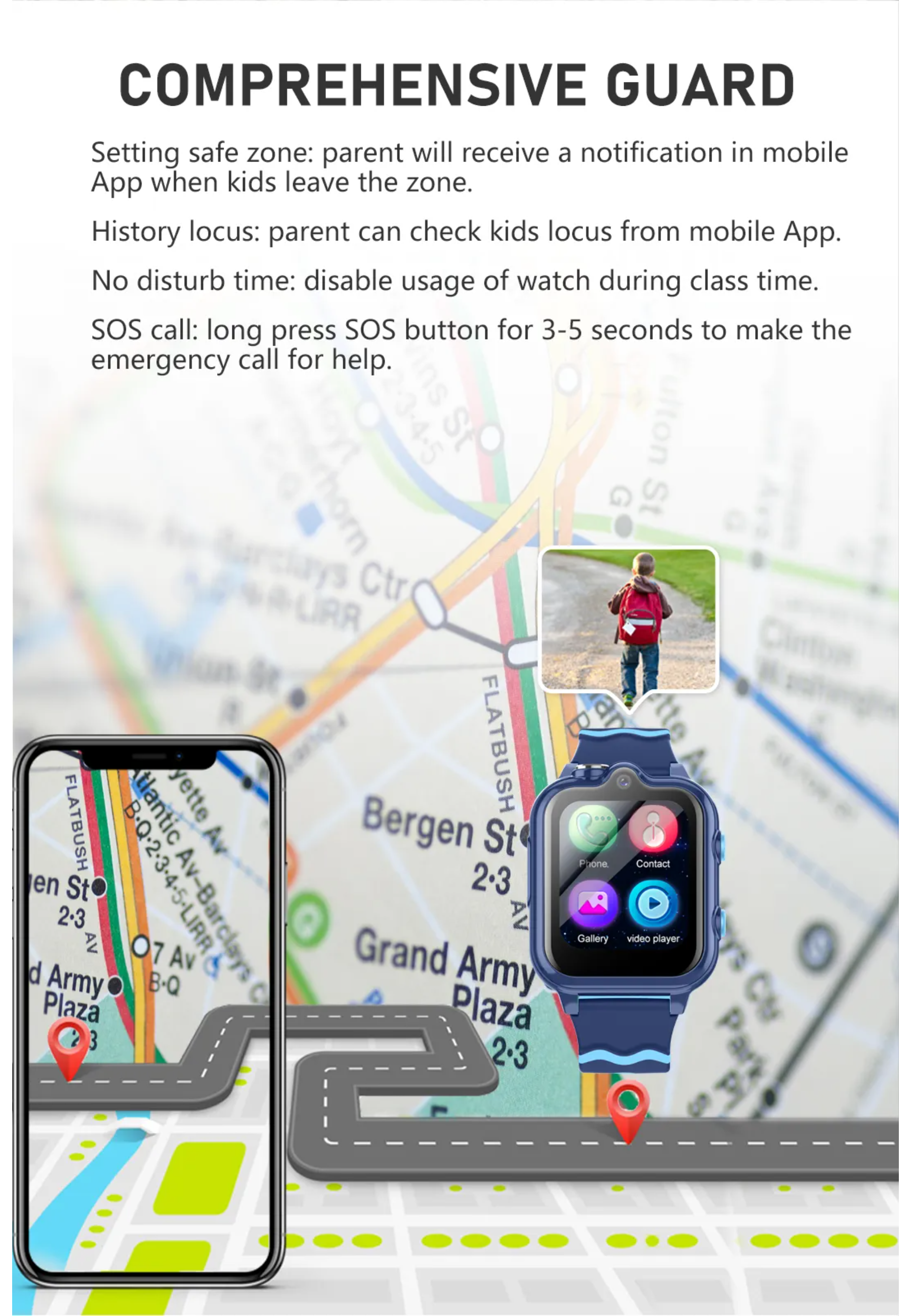 Infografik über eine Kinder-Smartwatch mit Kinderfoto und Smartphone-Bild.