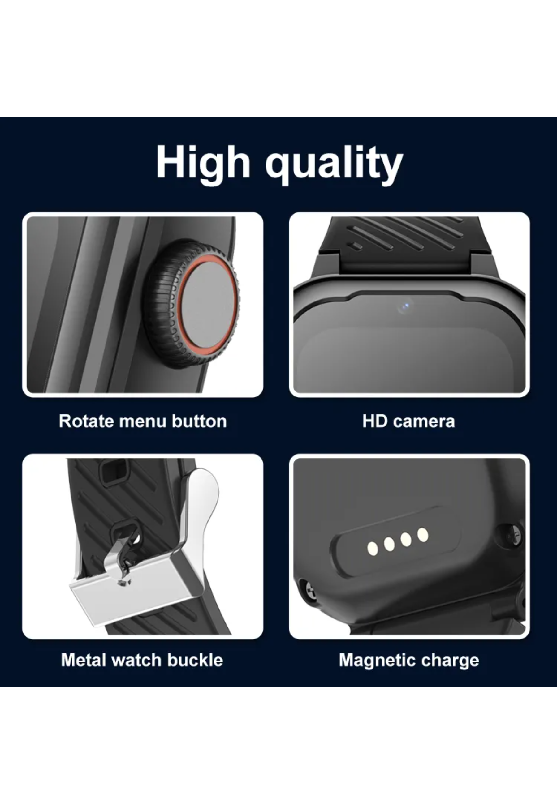 Schwarze Smartwatch, Details von Knopf, Kamera, Schnalle und Aufladung.