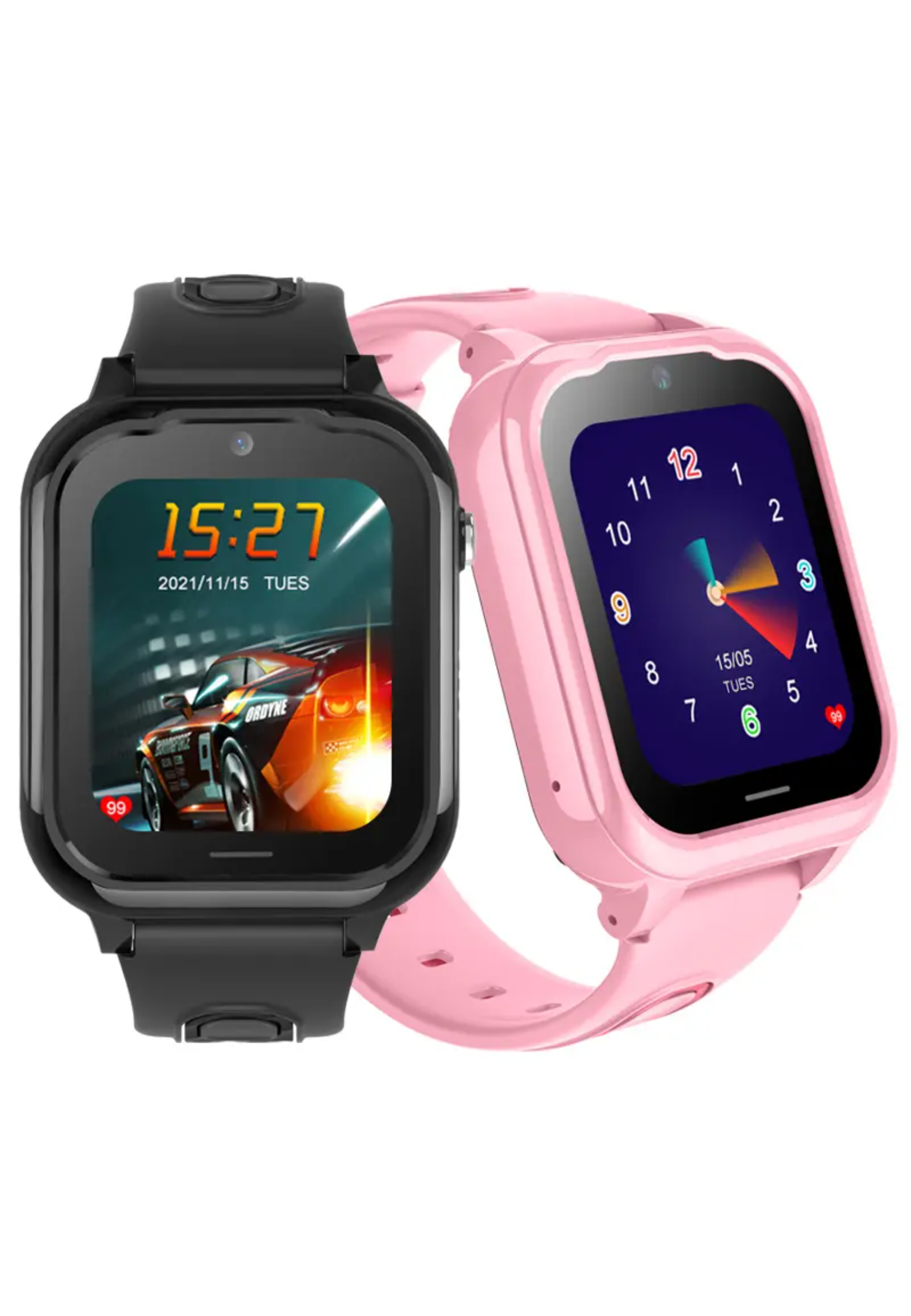 Zwei Kinder-Smartwatches, eine schwarz, eine rosa. Beide zeigen Zeit und Datum. Eine mit Auto.