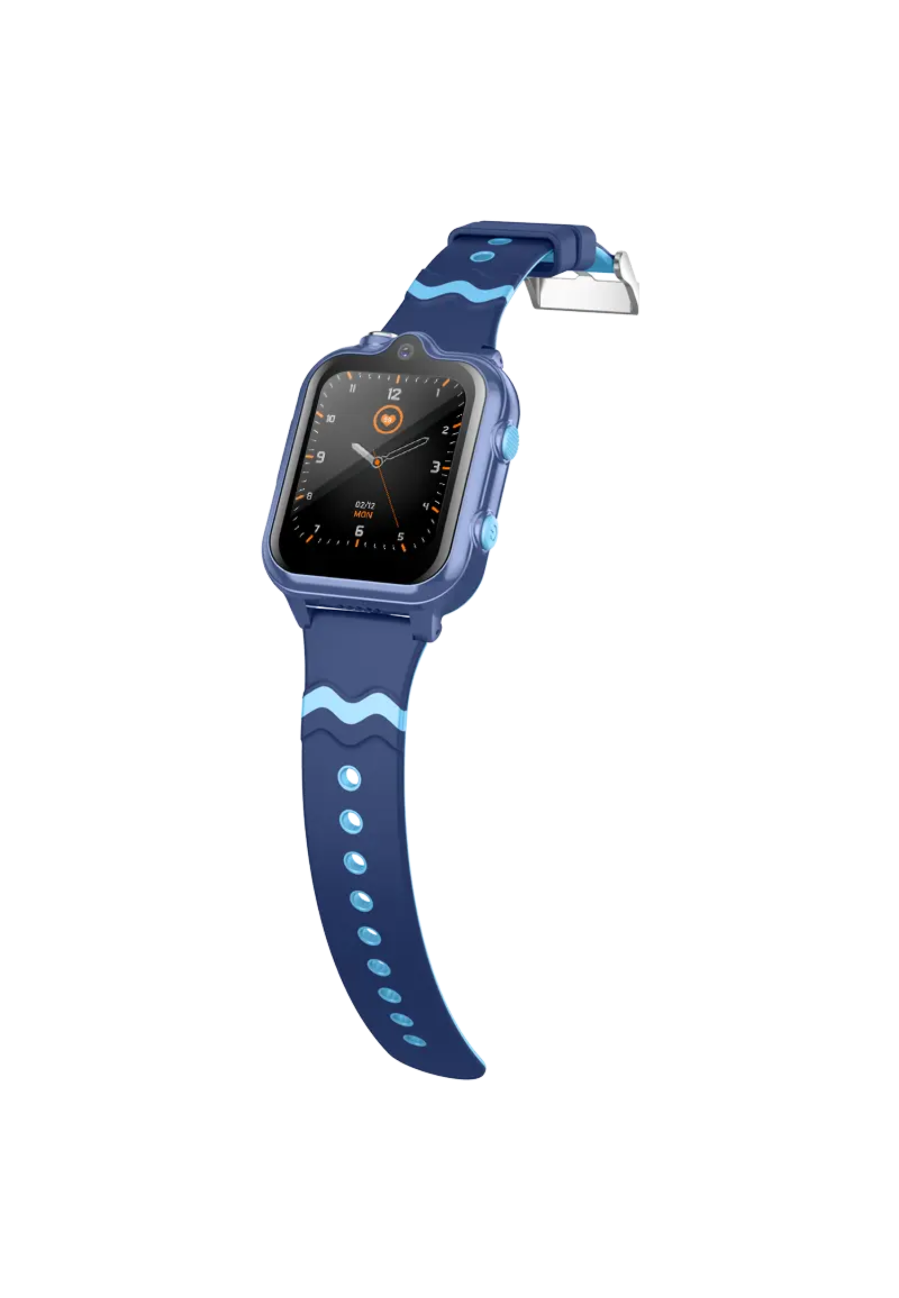Blaue Smartwatch mit blauem Armband auf schwarzem Hintergrund, angewinkelte Ansicht, zeigt ein Zifferblatt.