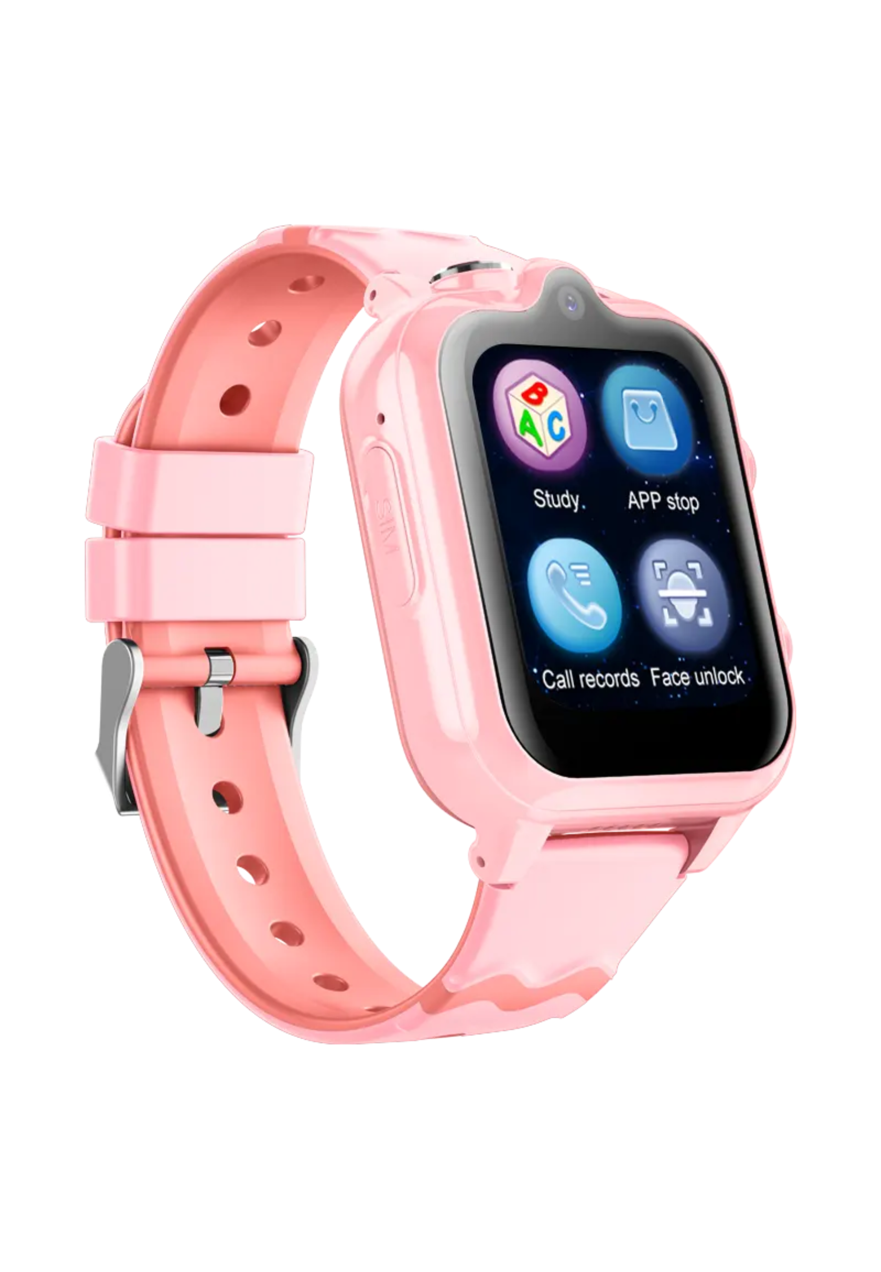 Eine pinkfarbene Smartwatch mit mehreren Symbolen auf dem Bildschirm, darunter Kamera- und Lernsymbole.