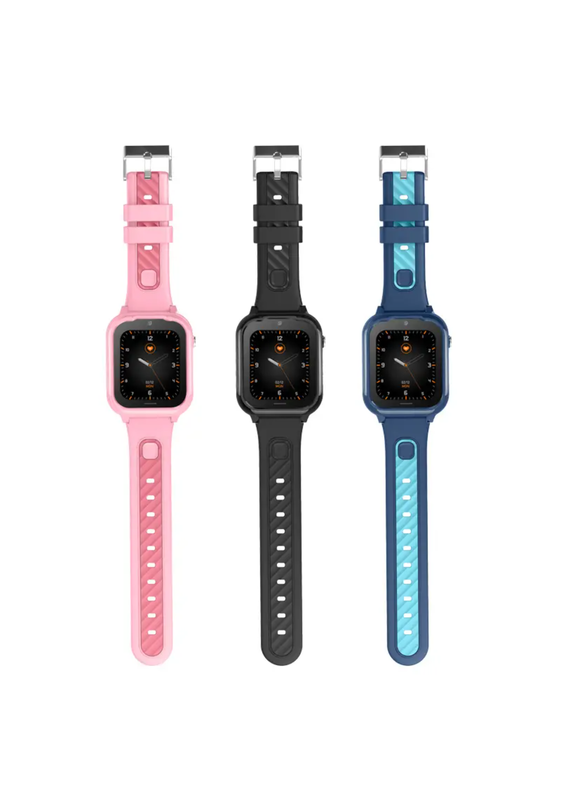 Drei Smartwatches mit rosa, schwarzen und blauen Armbändern. Jede Uhr zeigt ein Zifferblatt.